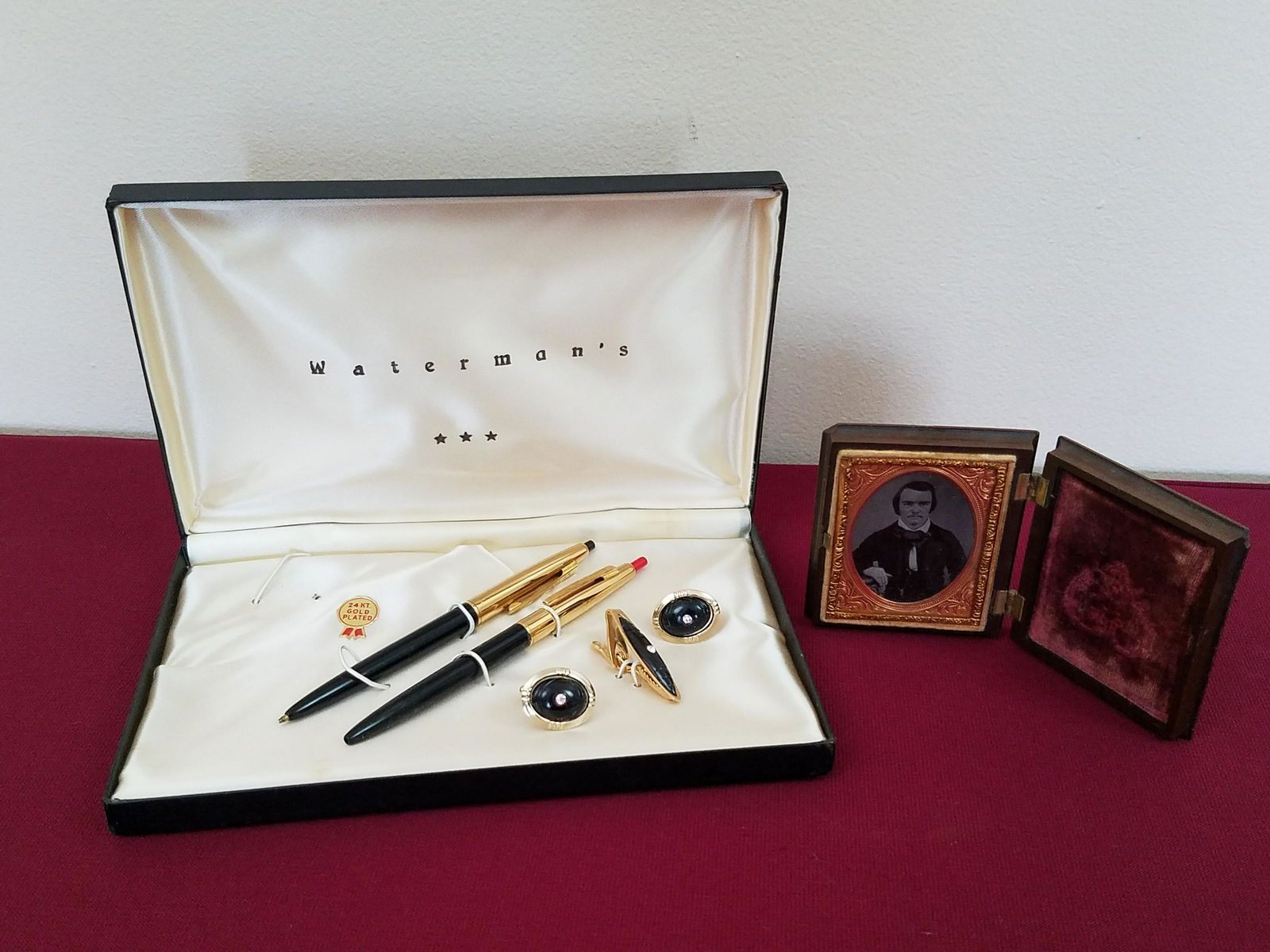 Waterman's Executive Set and Cased Image: Waterman executive set includes 24K gold plated tie tack, cuff links and 2 ball point pens. Image: 3" high x 3" wide. IMPORTANT: Before bidding, please read the terms and conditions below. When you re