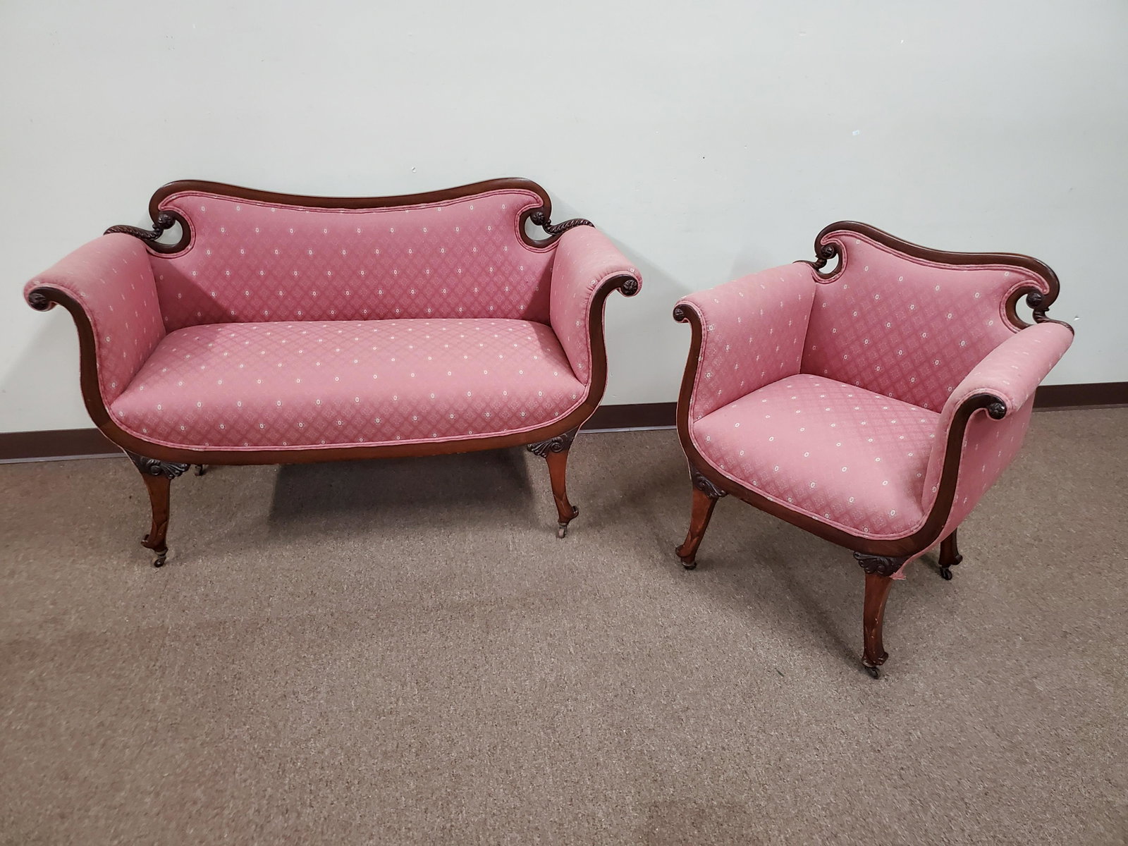 Settee and Arm Chair: Settee 54" wide X 21" deep X 34" high. chair 29 1/2" wide X 21" deep X 31 1/2" high. IMPORTANT: Before bidding, please read the terms and conditions below. When you registered for the auction you agre