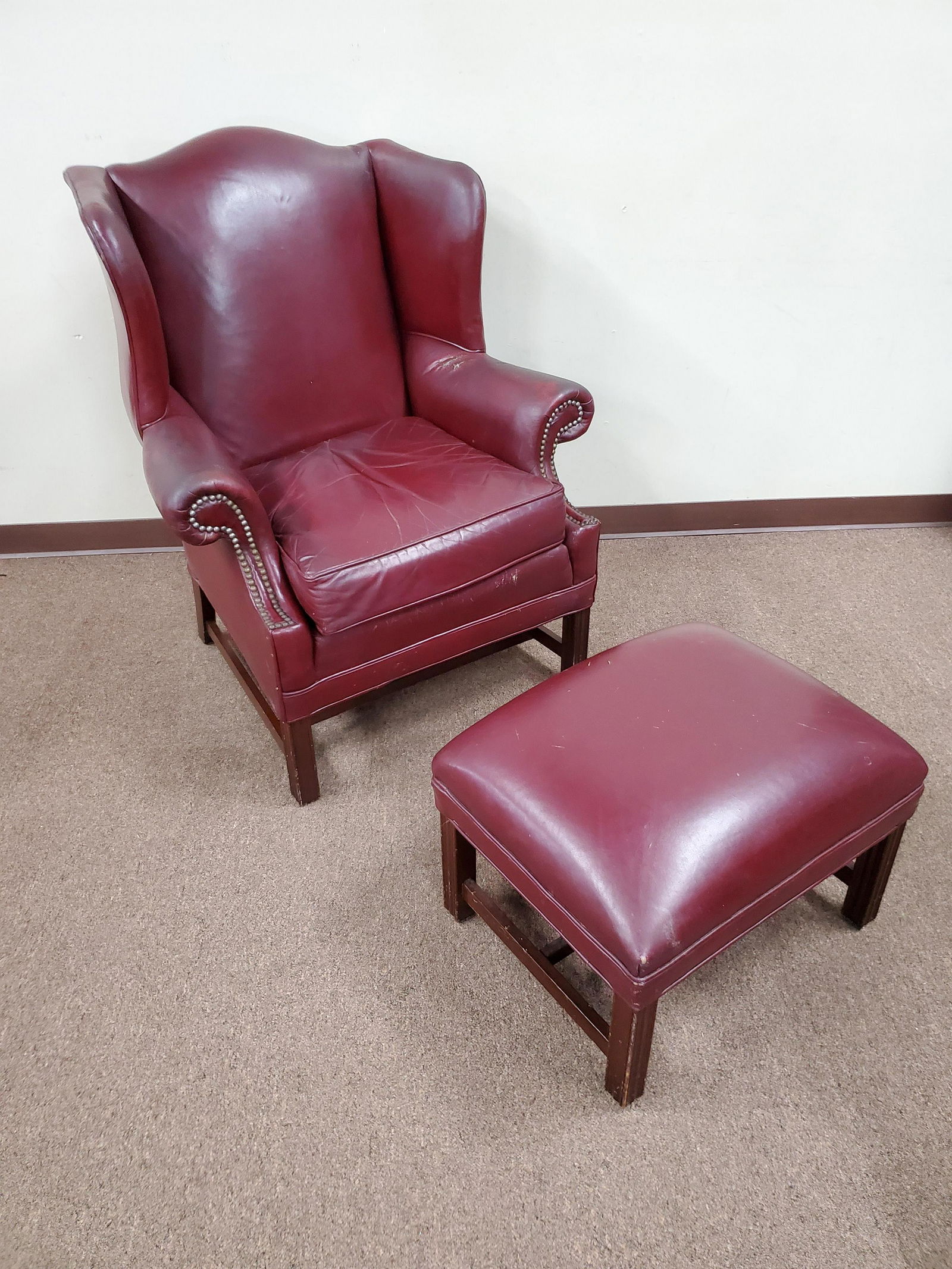 Dark Red Leather Wing Back Chair & Ottoman (1 of 5)