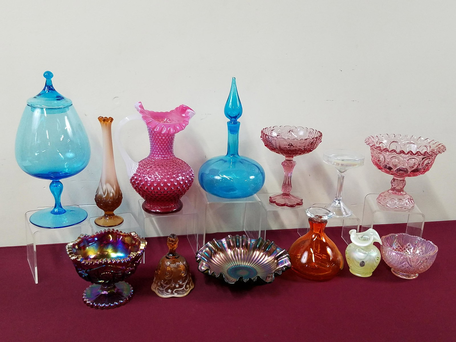 12 Pcs Glass incl Fenton and Blenko: 2-1/2" to 9'' wide x 2-1/2" to 13-1/2" high. IMPORTANT: Before bidding, please read the terms and conditions below. When you registered for the auction you agreed to these terms and will be required t