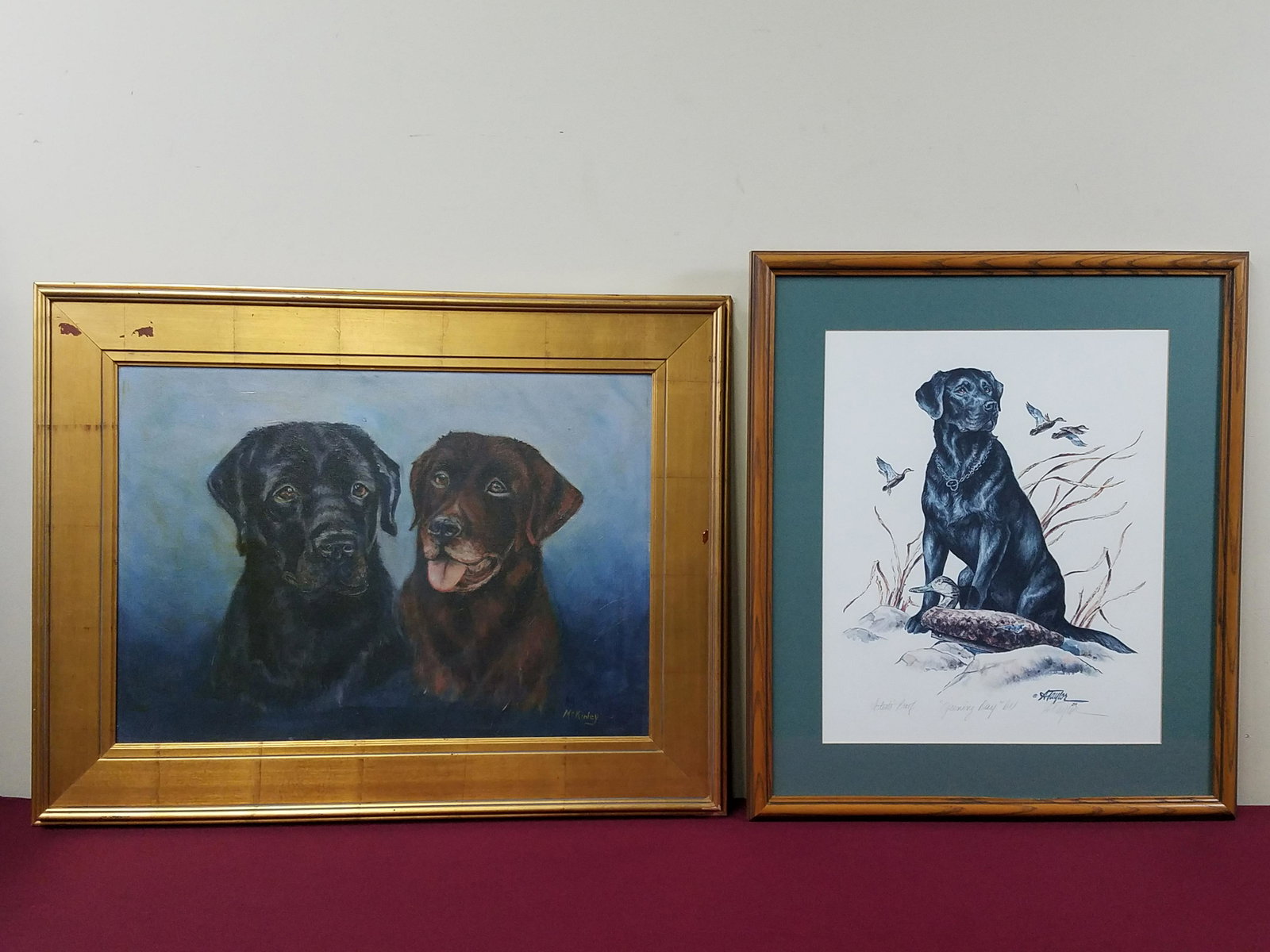 Dog Print and Painting: Left: McKinley dog painting. Overall with frame 28" high x 36" wide. Right: Alice Taylor "Opening Day" artist proof print. Overall with frame 30-1/4" high x 26-1/4" wide. IMPORTANT: Before bidding, pl
