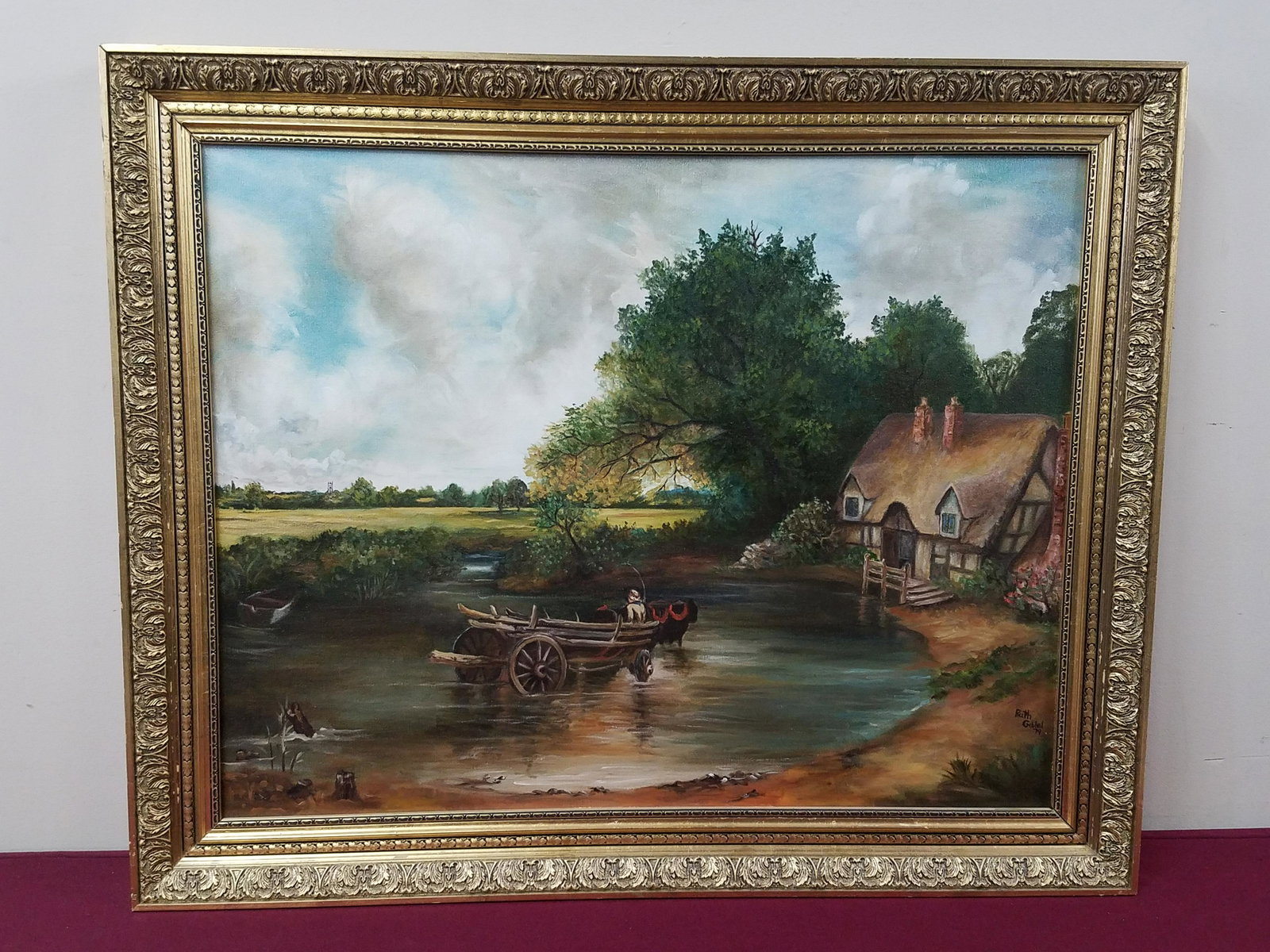 Ruth Gibbel Wagon in Creek Painting: Overall with frame 26-1/2" high x 32-1/2" wide. IMPORTANT: Before bidding, please read the terms and conditions below. When you registered for the auction you agreed to these terms and will be require