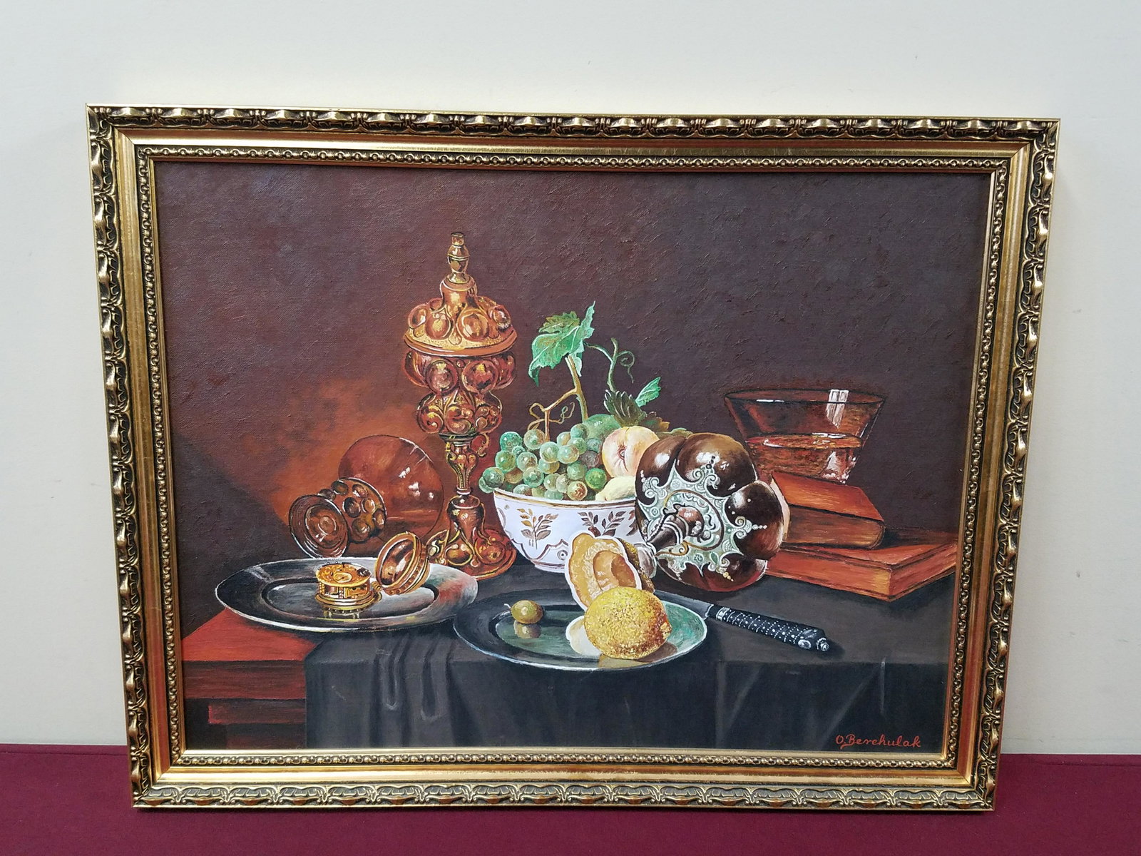 Ostap Berehulak Still life Painting: Ukrainian artist. Overall with frame 20-1/2" high x 26-1/4" wide. IMPORTANT: Before bidding, please read the terms and conditions below. When you registered for the auction you agreed to these terms a