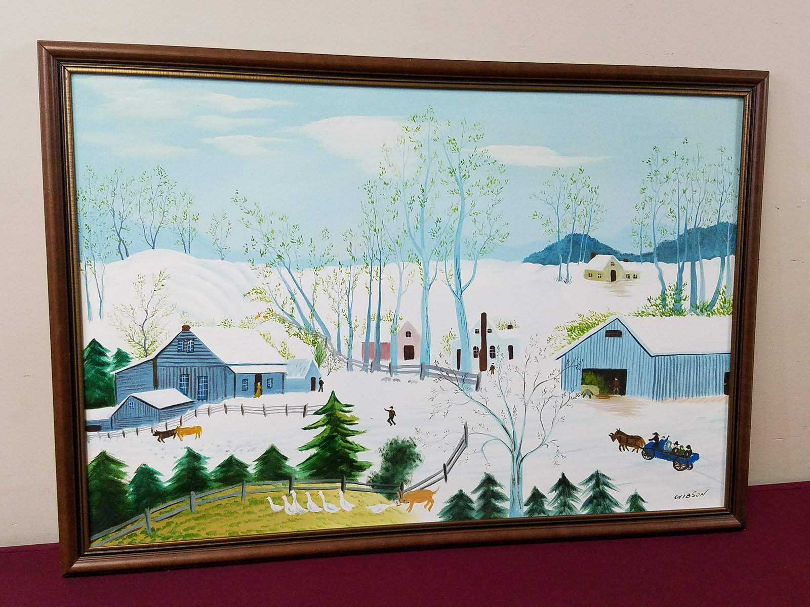 Gibson Winter Farm Painting: Overall with frame 26-1/2" high x 38-3/4" wide. IMPORTANT: Before bidding, please read the terms and conditions below. When you registered for the auction you agreed to these terms and will be require