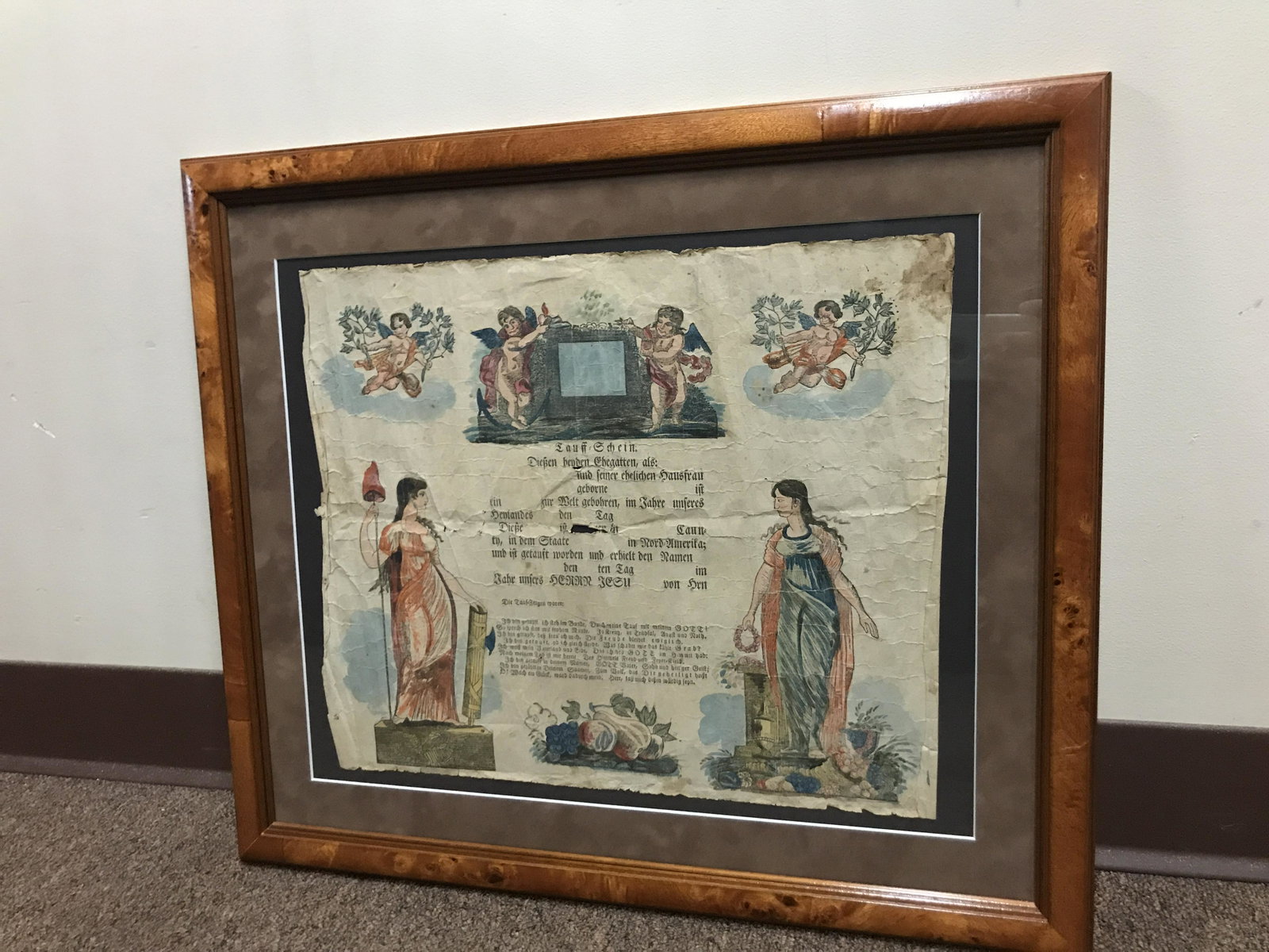 Pennsylvania Fraktur: Not completed. With creases and tears, evidence of having been rolled. Fraktur 13" high x 16" wide. Overall in birds eye maple frame 19" high x 22" wide. IMPORTANT: Before bidding, please read the ter