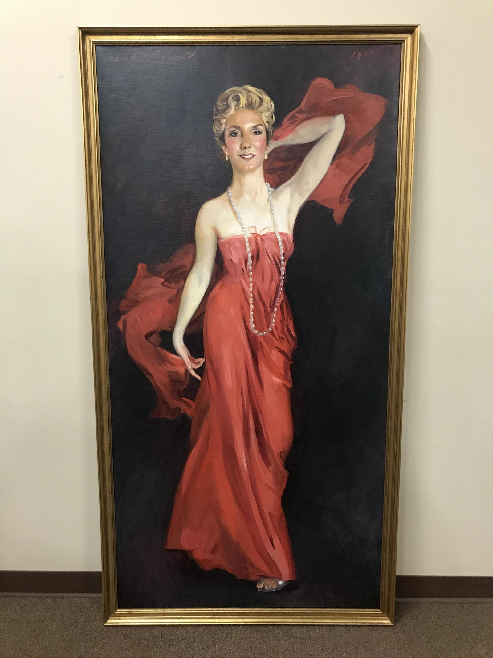 Charles Merrill Mount (New York, 1928-1995): Life-size portrait of a socialite. Signed upper left. In gold painted wood frame. Overall with frame 76" high x 40" wide. An artist and biographer, Mount had a colorful life including a prison sentenc