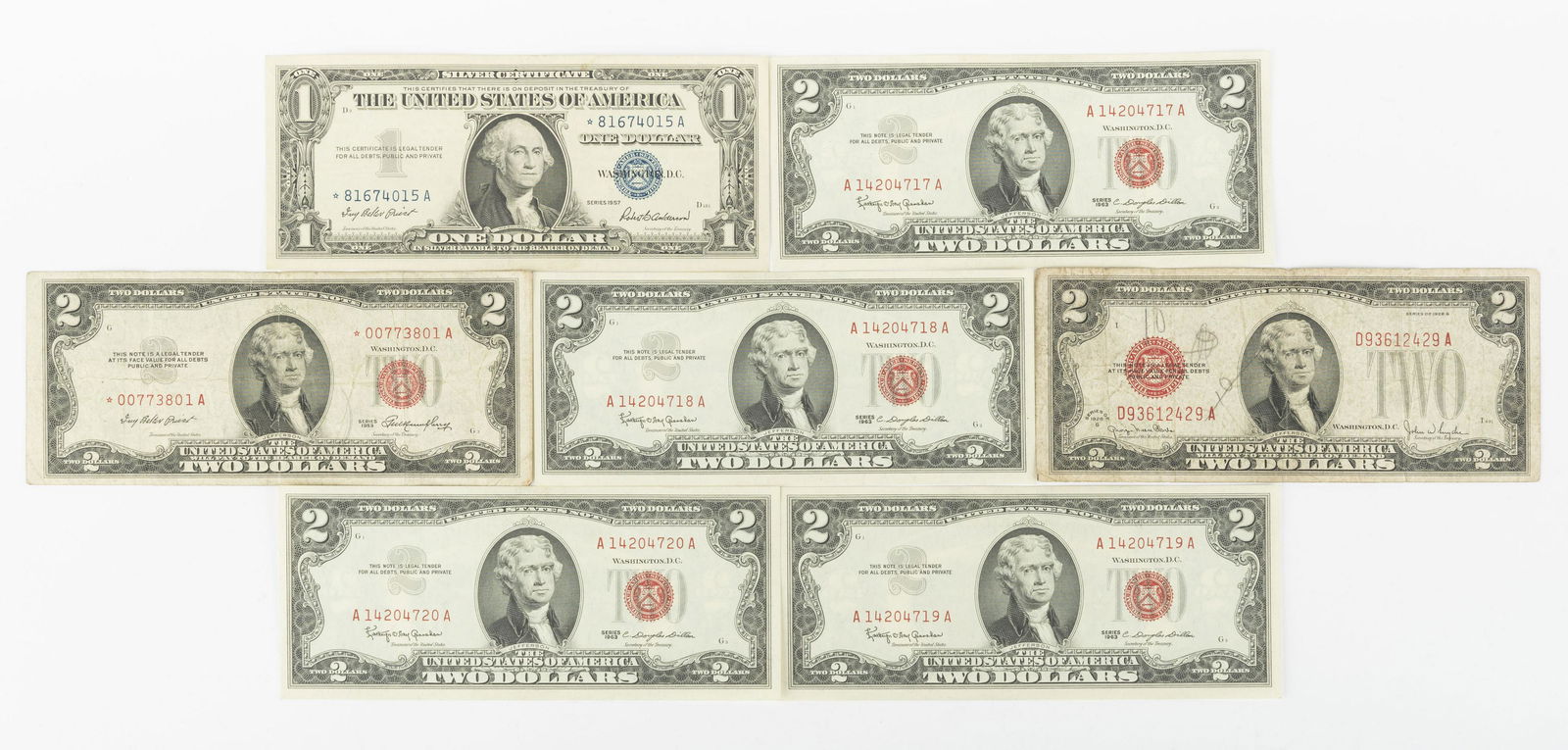 6 Red Seal $2 Dollar Notes and 1 Blue Seal $1 (1 of 2)