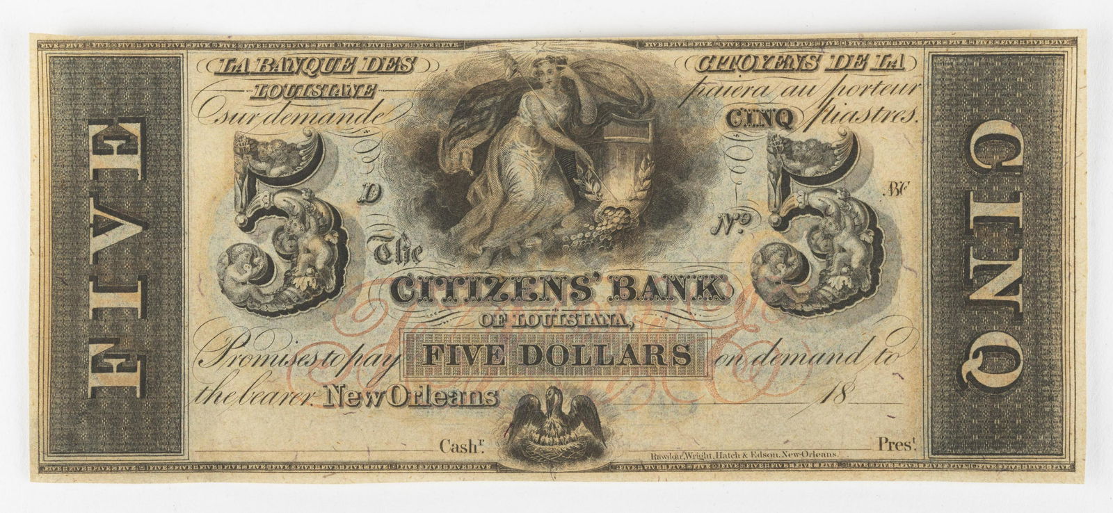 1800's $5 New Orleans Louisiana Citizens Bank Note (1 of 2)
