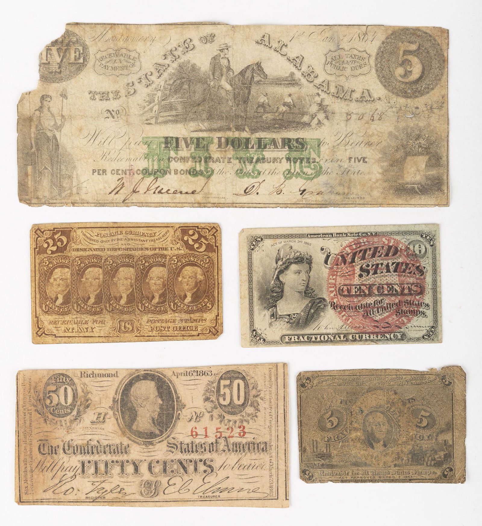 5 1860s Confederate, Postage and Fractional Curr. (1 of 2)