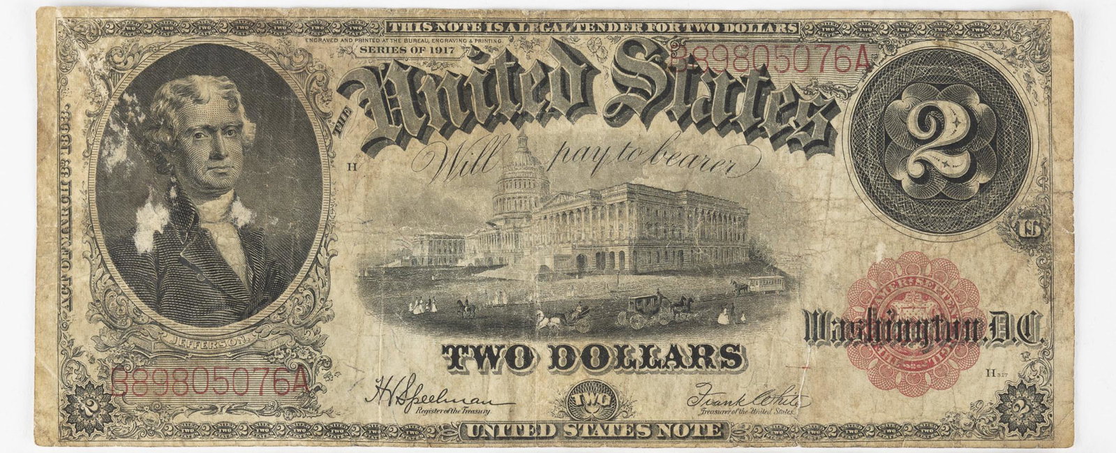 1917 $2 Red Seal Legal tender Note: With Jefferson portrait. IMPORTANT: Before bidding, please read the terms and conditions below. When you registered for the auction you agreed to these terms and will be required to comply with them.