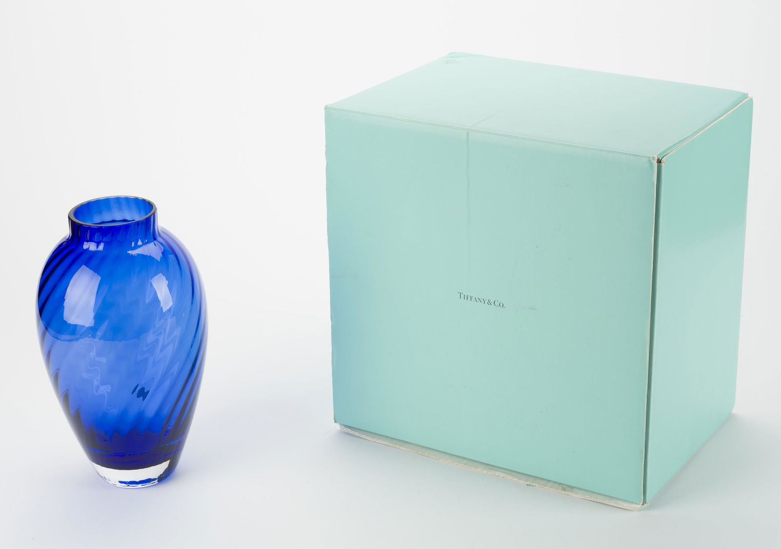 Blue Art Glass Tiffany & Co. Ribbed Vase in OB (1 of 2)