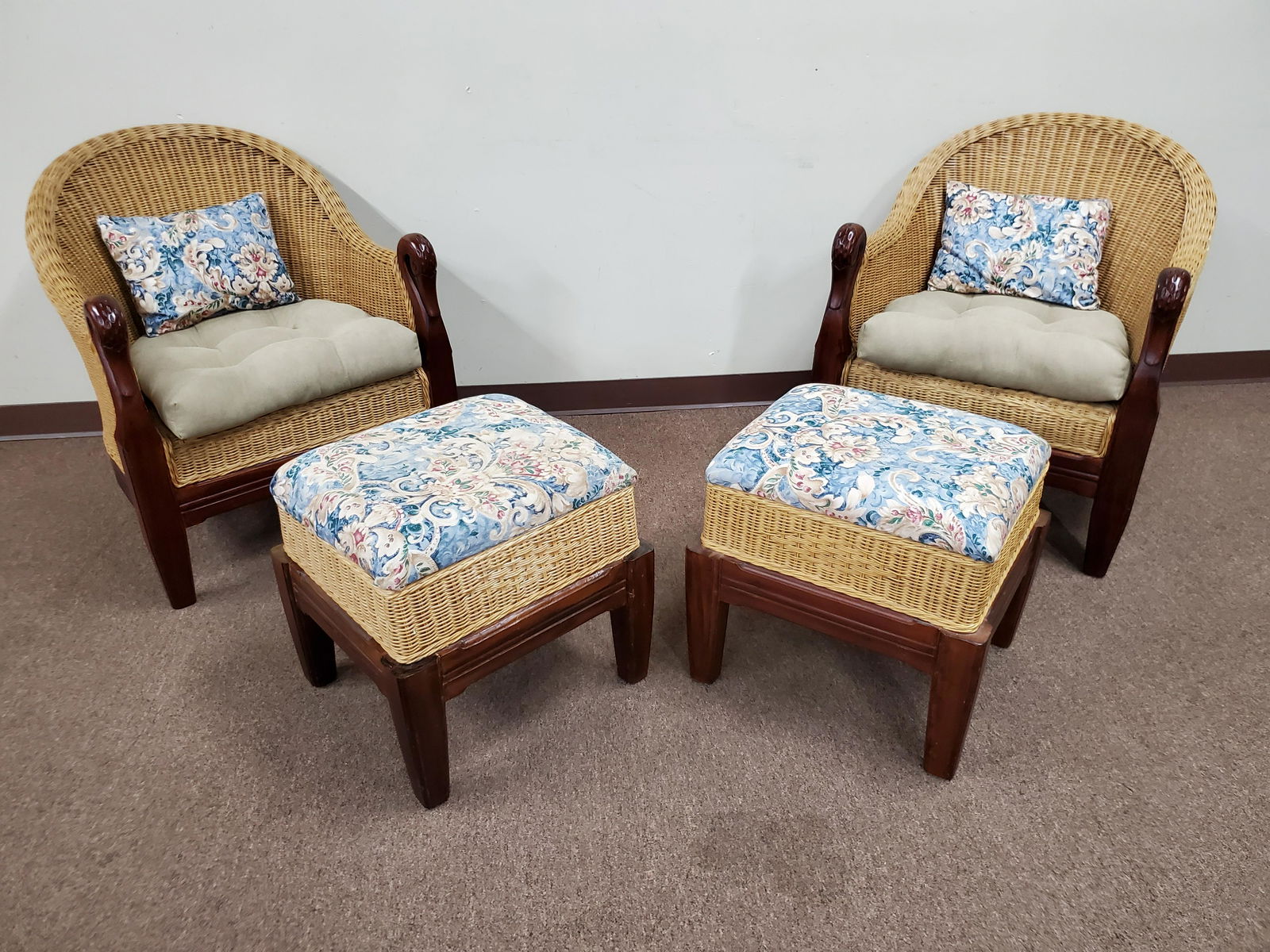 Pair of Wicker Arm Chairs with Ottoman (1 of 3)