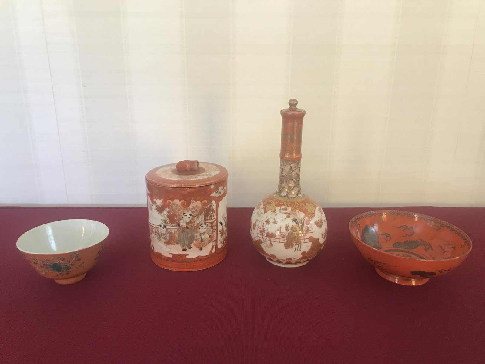 4 Pcs Kutani Porcelain: Humidor, Bottle, Rice bowl, and bowl. Each signed. Rice bowl 3-3/4" diameter x 2-1/3" high, bottle 8-1/4" high. Scattered chips. Humidor with old repair to lid. IMPORTANT: Before bidding, please read 