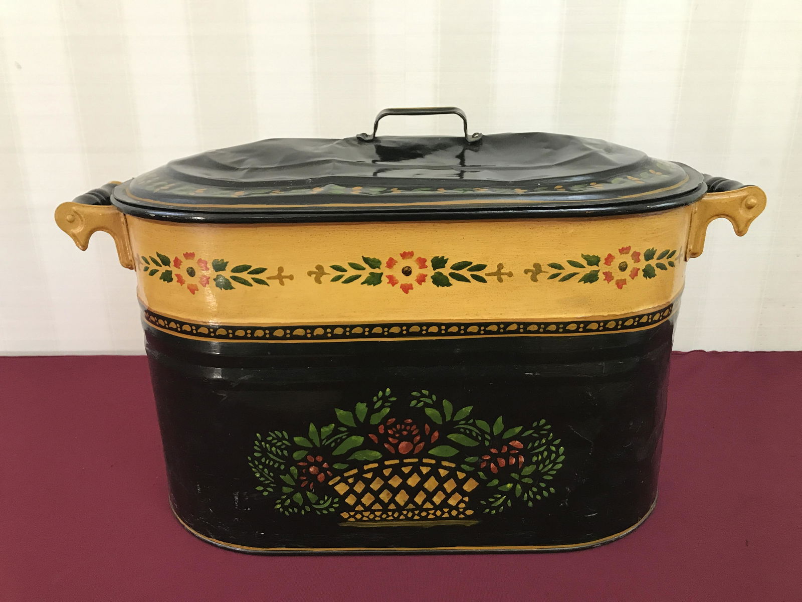 Tole Painted Boiler: 20" wide x 12" deep x 14" high. Scattered dents, especially to lid. IMPORTANT: Before bidding, please read the terms and conditions below. When you registered for the auction you agreed to these terms