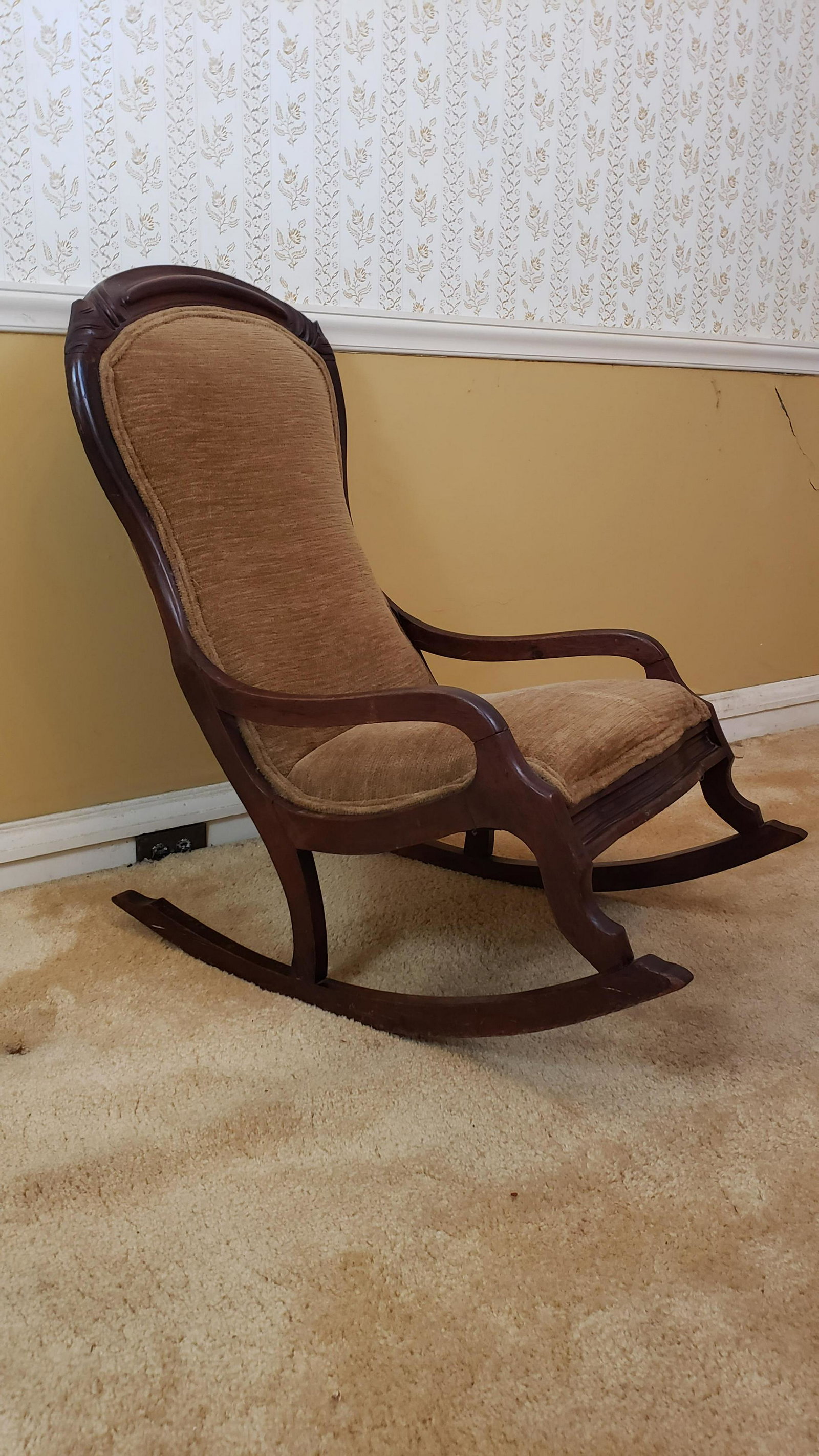 Upholstered Nursing Rocker: 21" wide x 32-1/2" deep x 34-1/2" high. IMPORTANT: Before bidding, please read the terms and conditions below. When you registered for the auction you agreed to these terms and will be required to com