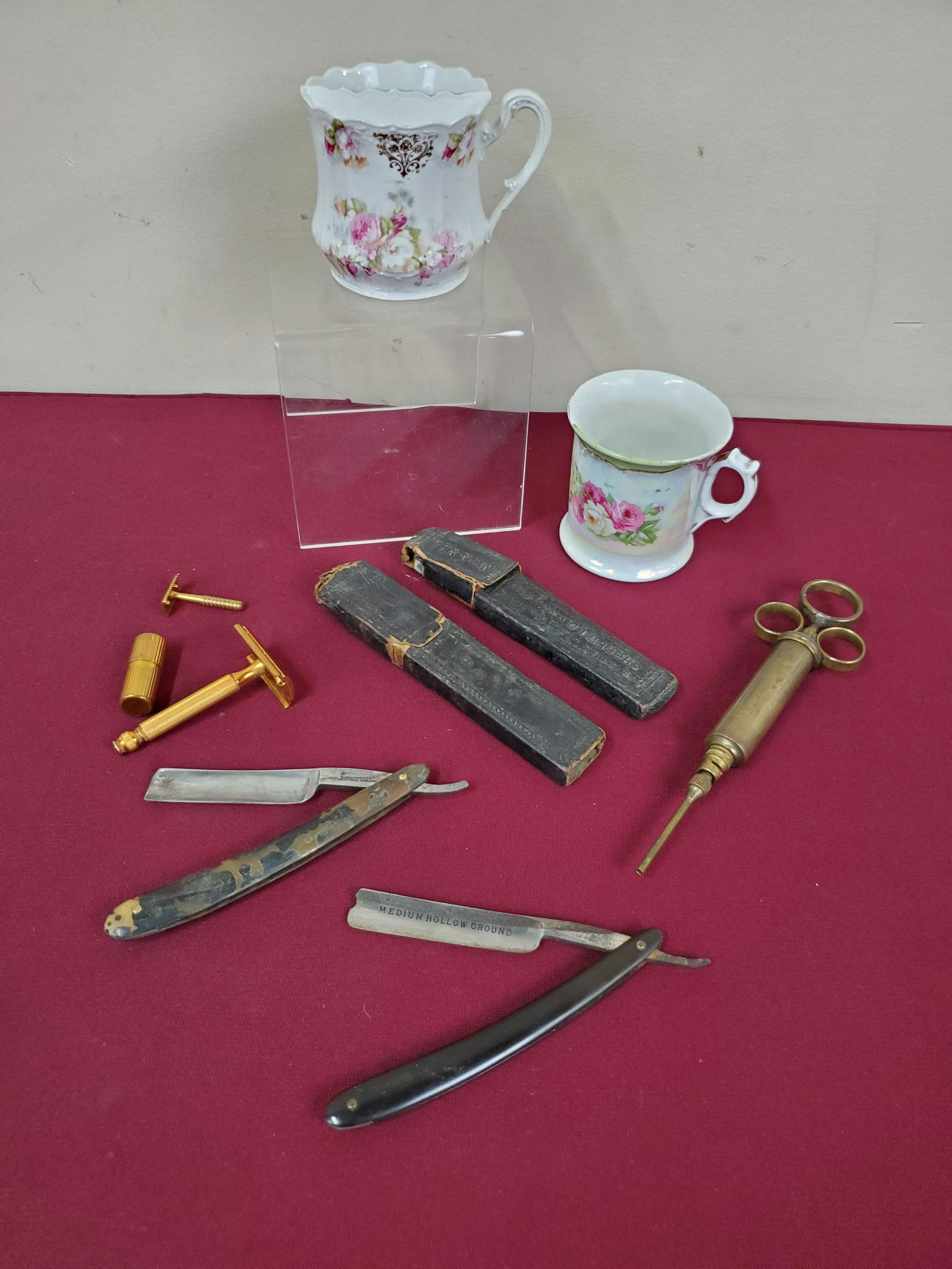 2 Shaving Mugs, Brass Syringe & Straight Razors (1 of 3)