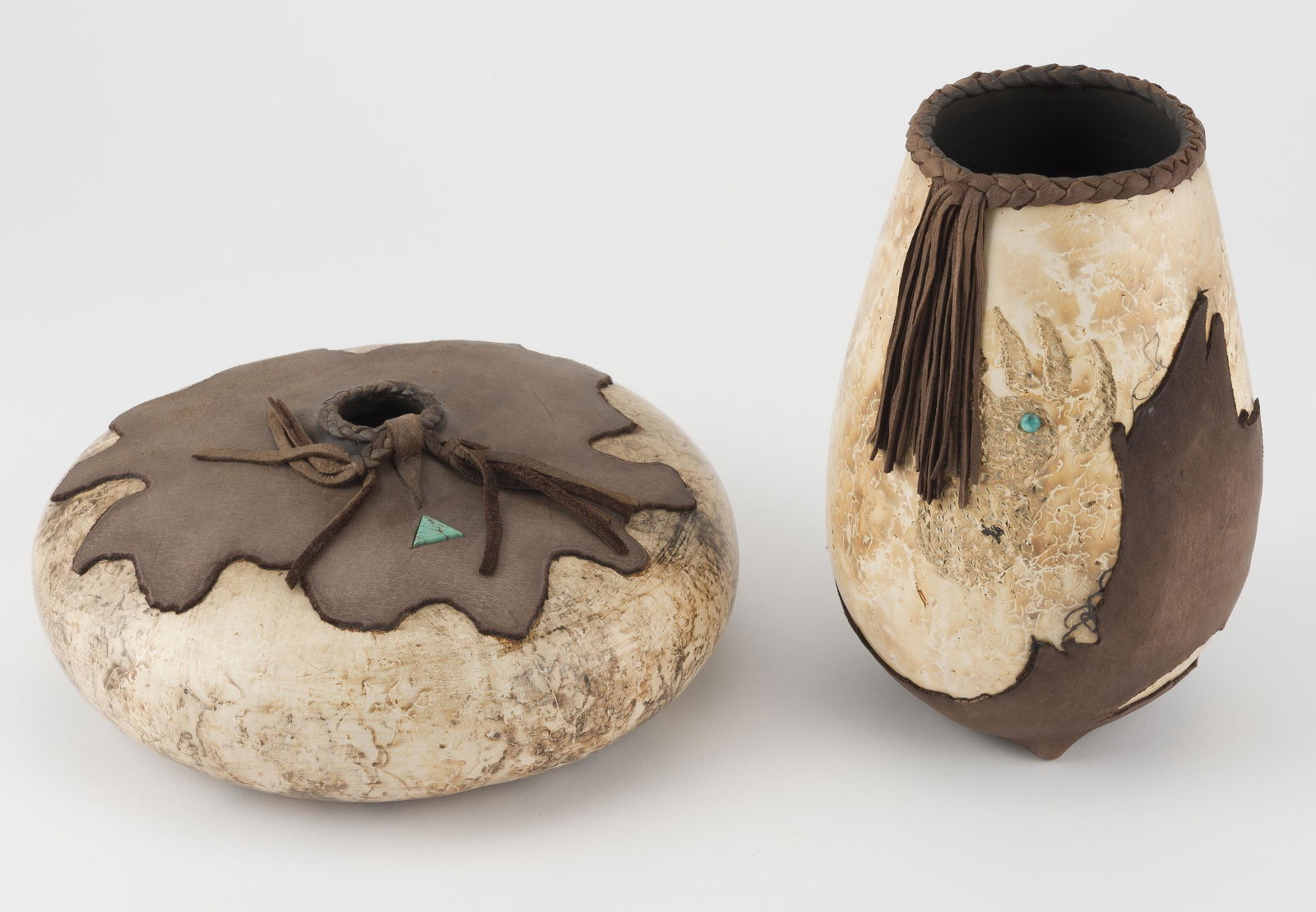 2 Horsehair and Leather Vases Signed T. W. (1 of 3)