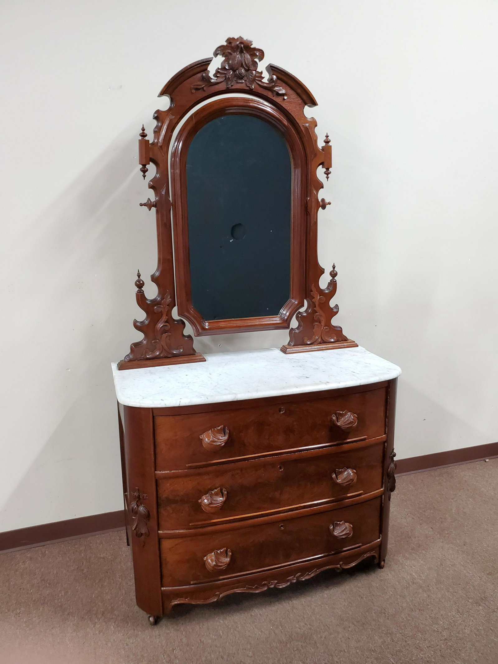 Victorian Marble Top Dresser with Mirror: 43" wide X 22" deep X 83" high. IMPORTANT: Before bidding, please read the terms and conditions below. When you registered for the auction you agreed to these terms and will be required to comply with