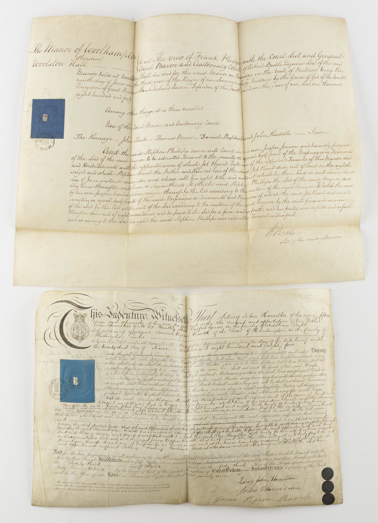 2 19th Century Indentures: Includes: 1) 1884 apprentice indenture contract of Sidney James Hamilton to James Pigram Peacock of Huntingdon, England. With seals. 14" x 9-3/4". 2) 1840 tenant contract of Stephen Phillips to the Lo