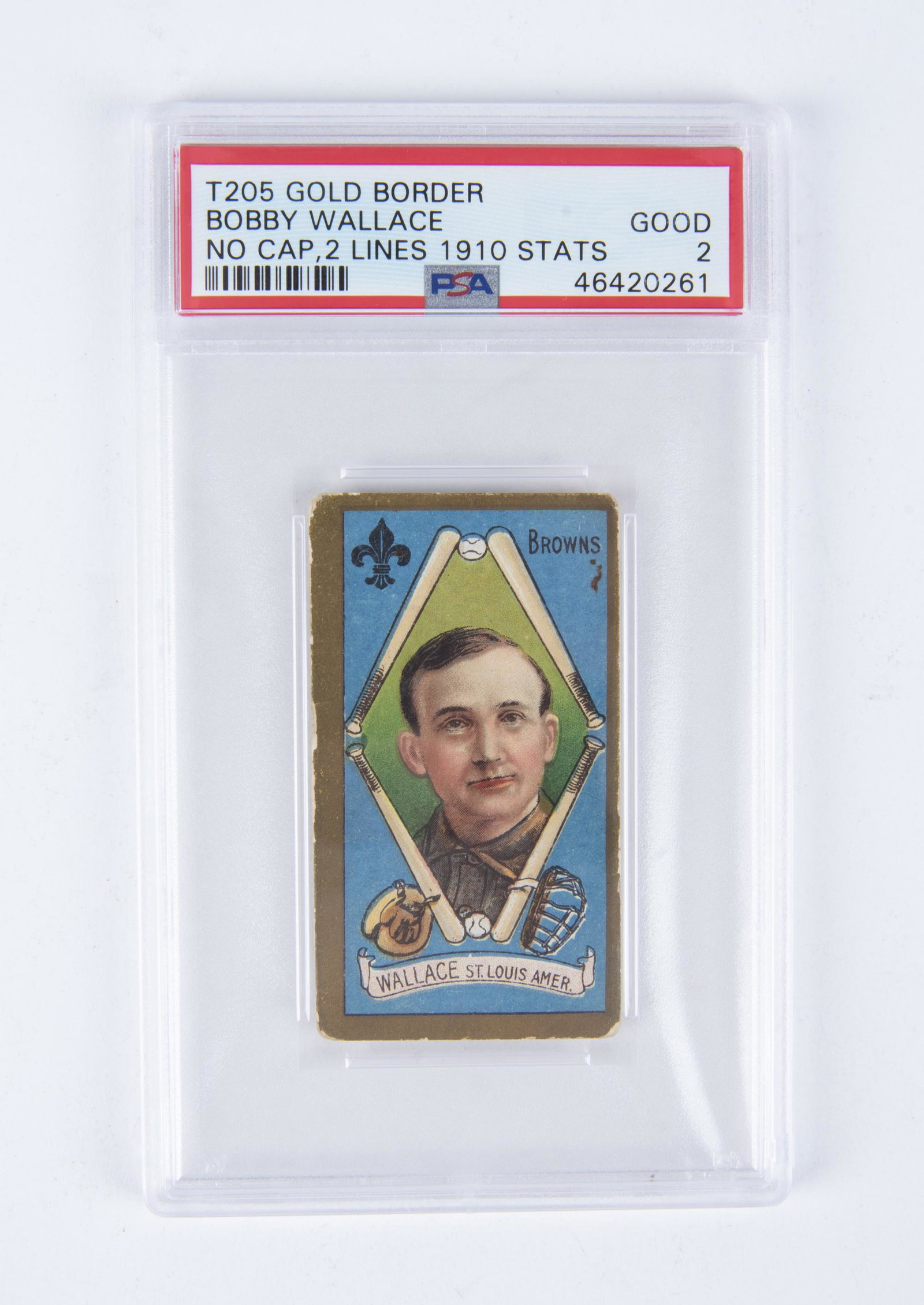 T205 1911 Gold Border Bobby Wallace (PSA 2): Hall of Fame. PSA 2 Good. No cap. 2 lines 1910 Stats. IMPORTANT: Before bidding, please read the terms and conditions below. When you registered for the auction you agreed to these terms and will be r