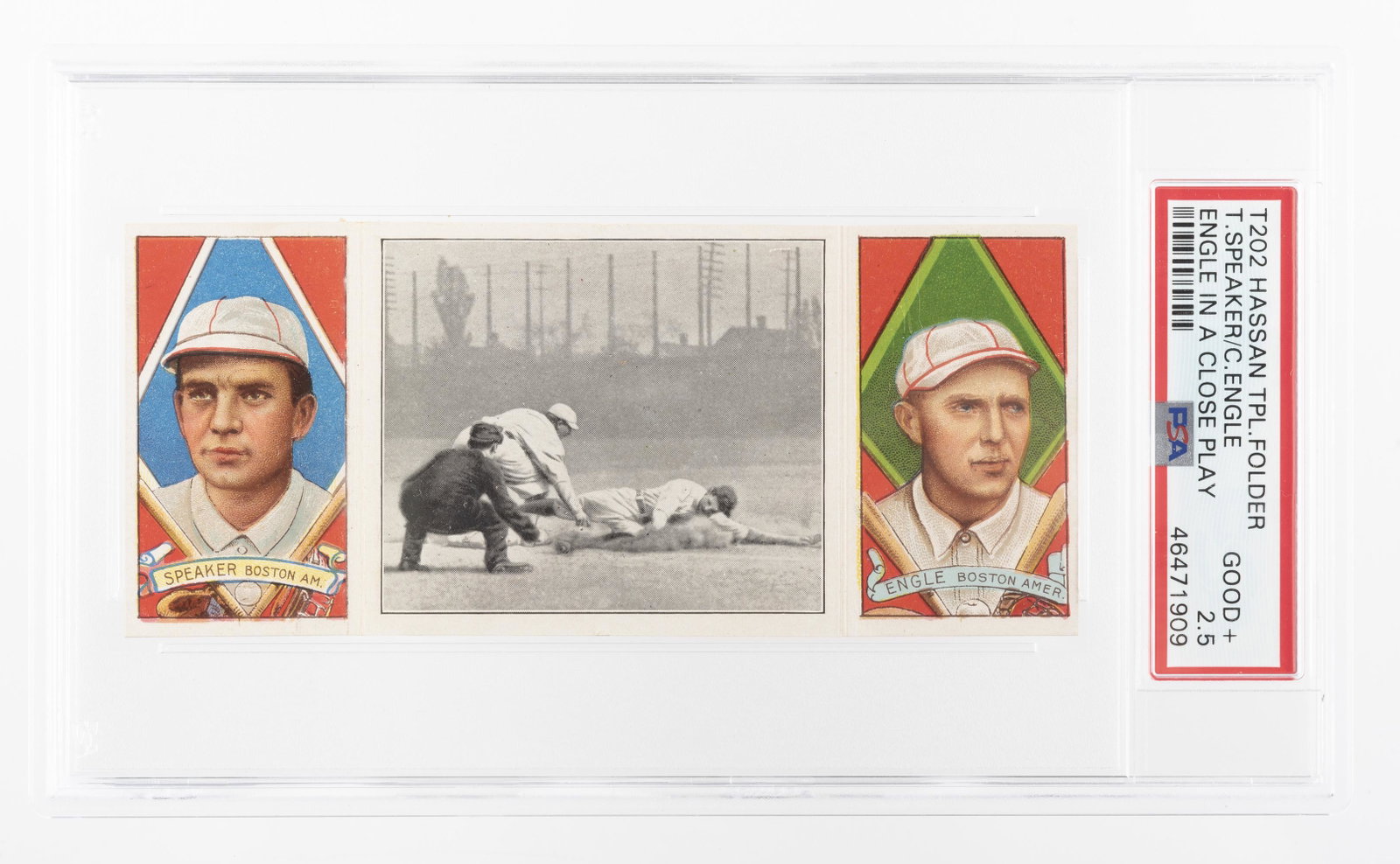 T202 1912 Triple Fold (Engle, Speaker) (PSA 2.5): Hassan back. Engle In A Close Play. Hall of Fame. PSA 2.5 Good+ IMPORTANT: Before bidding, please read the terms and conditions below. When you registered for the auction you agreed to these terms and