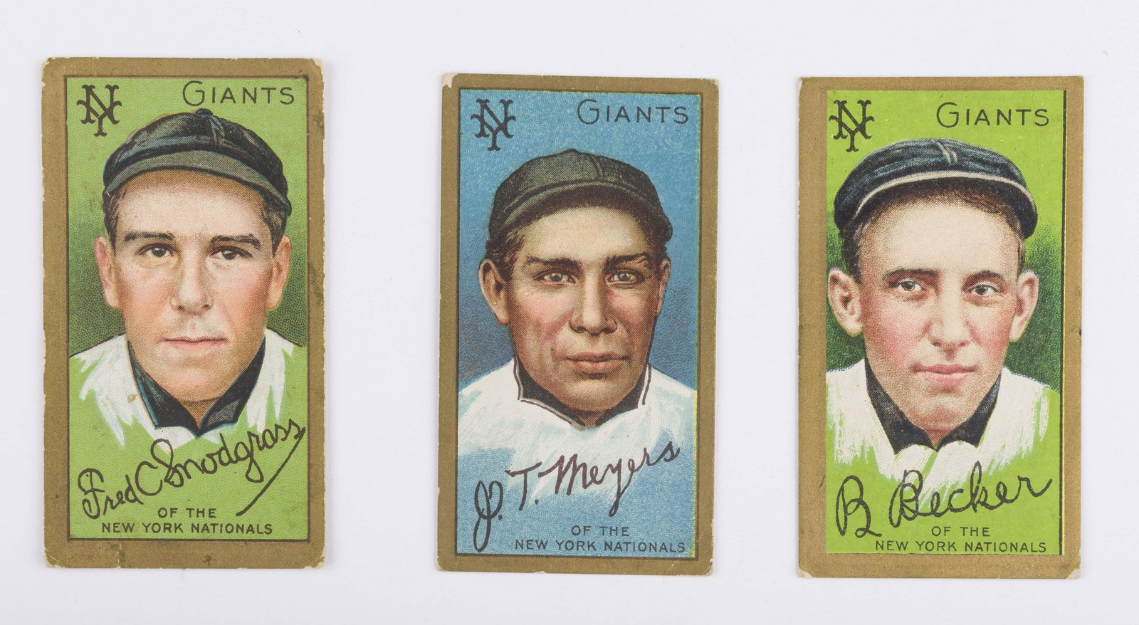 T205 1911 Gold Border Snodgrass, Meyers, & Becker: Good-VG IMPORTANT: Before bidding, please read the terms and conditions below. When you registered for the auction you agreed to these terms and will be required to comply with them.