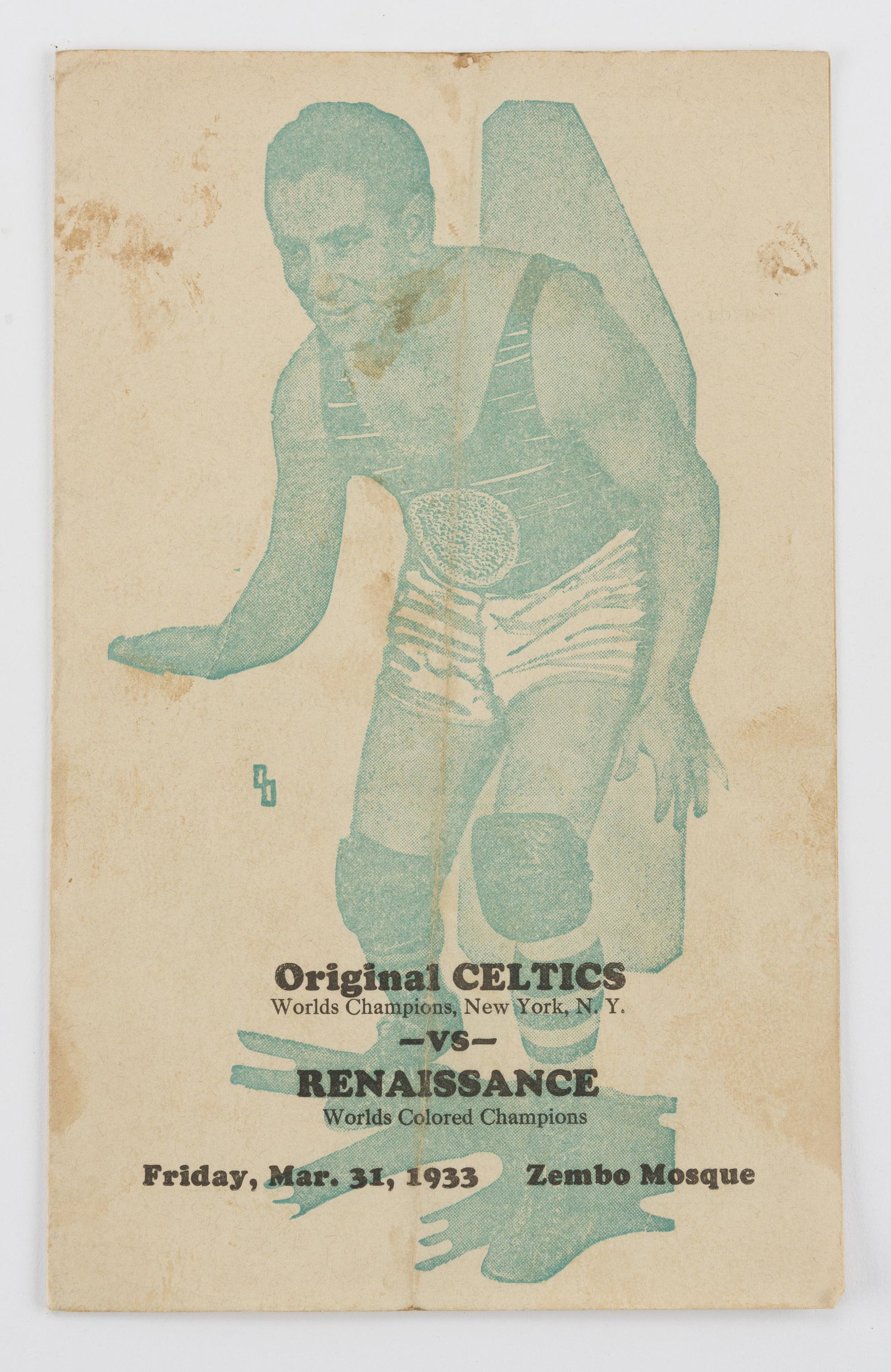 1933 Celtics vs. Renaissance Program: march 31, 1933 Zembo mosque Original Celtics World Champions vs.. Renaissance Worlds Colored Champions program. Vertical fold the venter, smudges to front cover. IMPORTANT: Before bidding, please read