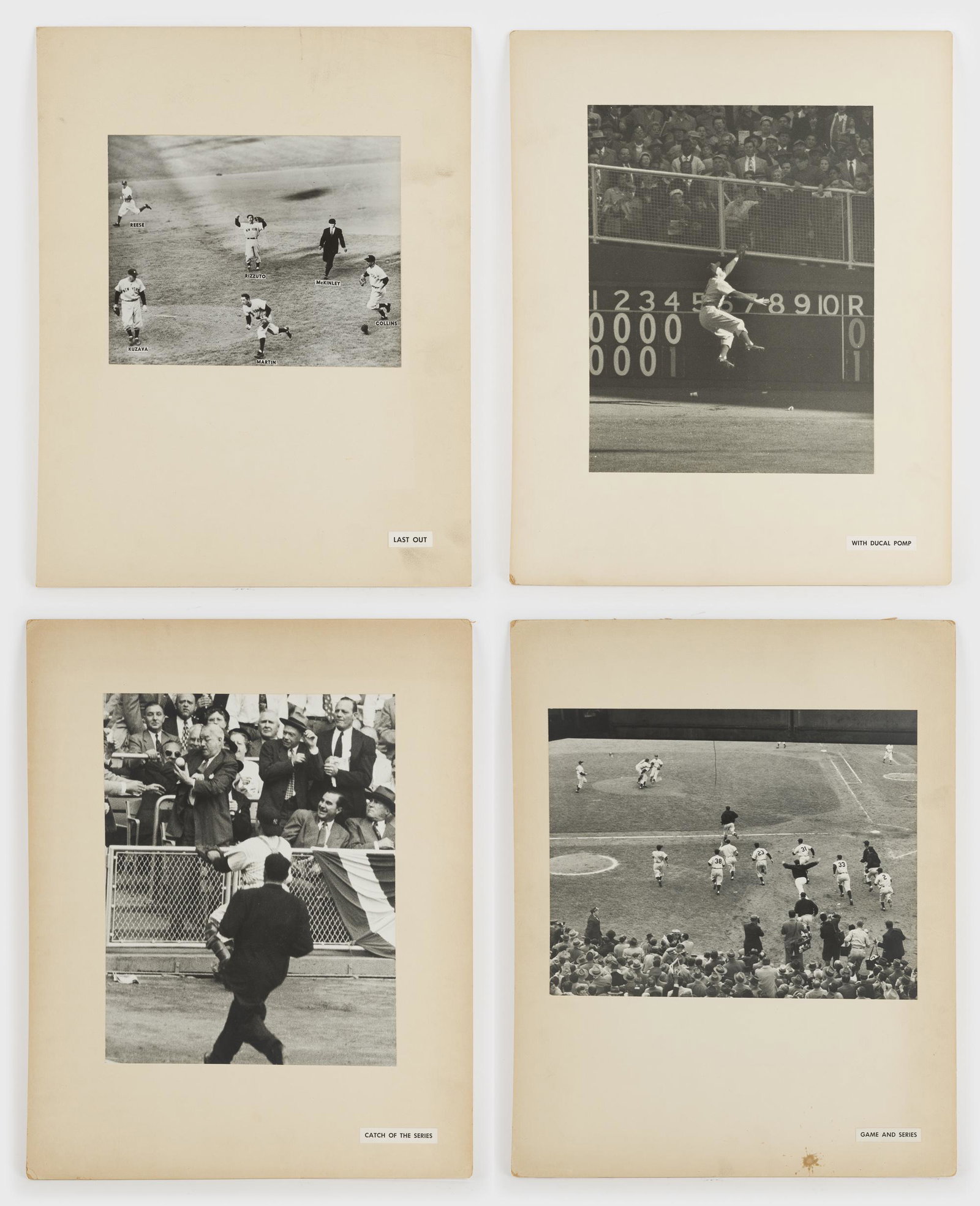 Group of 4 International News Photos, Baseball: Baseball photographic prints from International News Photos photographers. Includes With Ducal Pomp by Duke Snider 13-1/4" high x 10-1/4" wide, Catch of the Series by Herb Scharfman 13-1/4" high x 10-