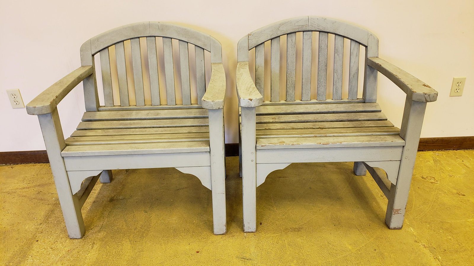 Pair of Smith & Hawken Outdoor Chairs: Labeled to back painted over. 28-1/2" wide x 26" deep x 33" high. IMPORTANT: Before bidding, please read the terms and conditions below. When you registered for the auction you agreed to these terms a