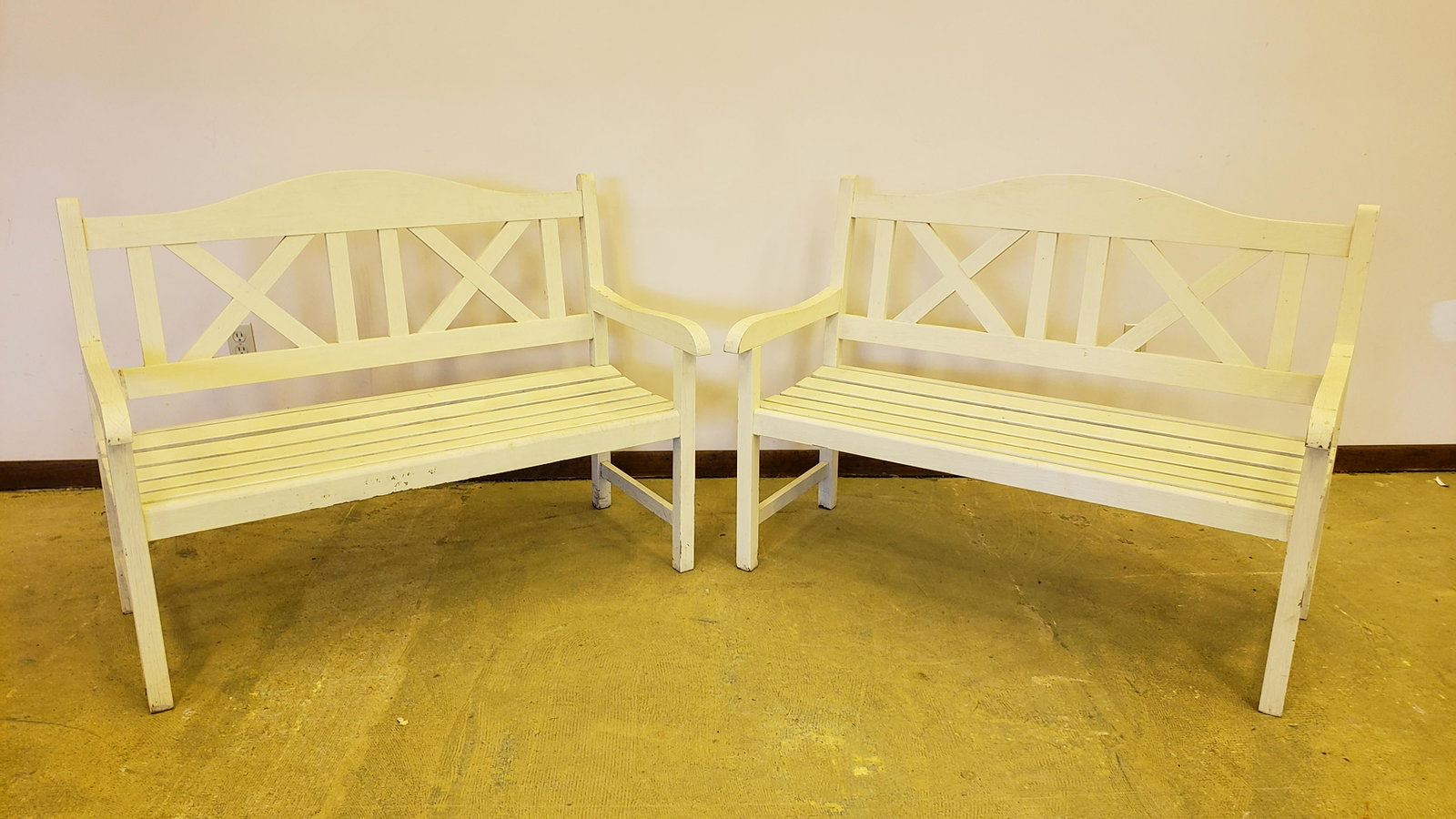 2 Painted Outdoor Benches: 47" wide x 18-1/2" deep x 36-1/2" high. IMPORTANT: Before bidding, please read the terms and conditions below. When you registered for the auction you agreed to these terms and will be required to com