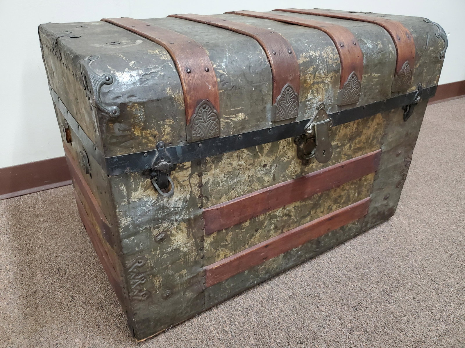 Wood and Metal Trunk: 30" wide X 18" deep X 21" high. IMPORTANT: Before bidding, please read the terms and conditions below. When you registered for the auction you agreed to these terms and will be required to comply with