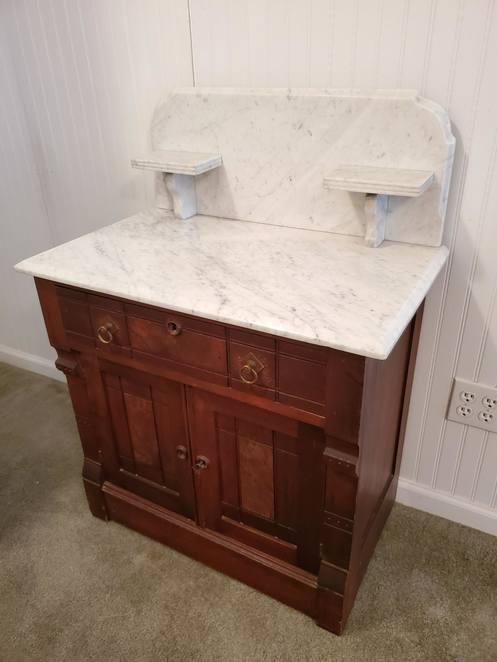 Marble Top Wash Stand: 28" wide X 17" deep X 38 1/2" high. IMPORTANT: Before bidding, please read the terms and conditions below. When you registered for the auction you agreed to these terms and will be required to comply 