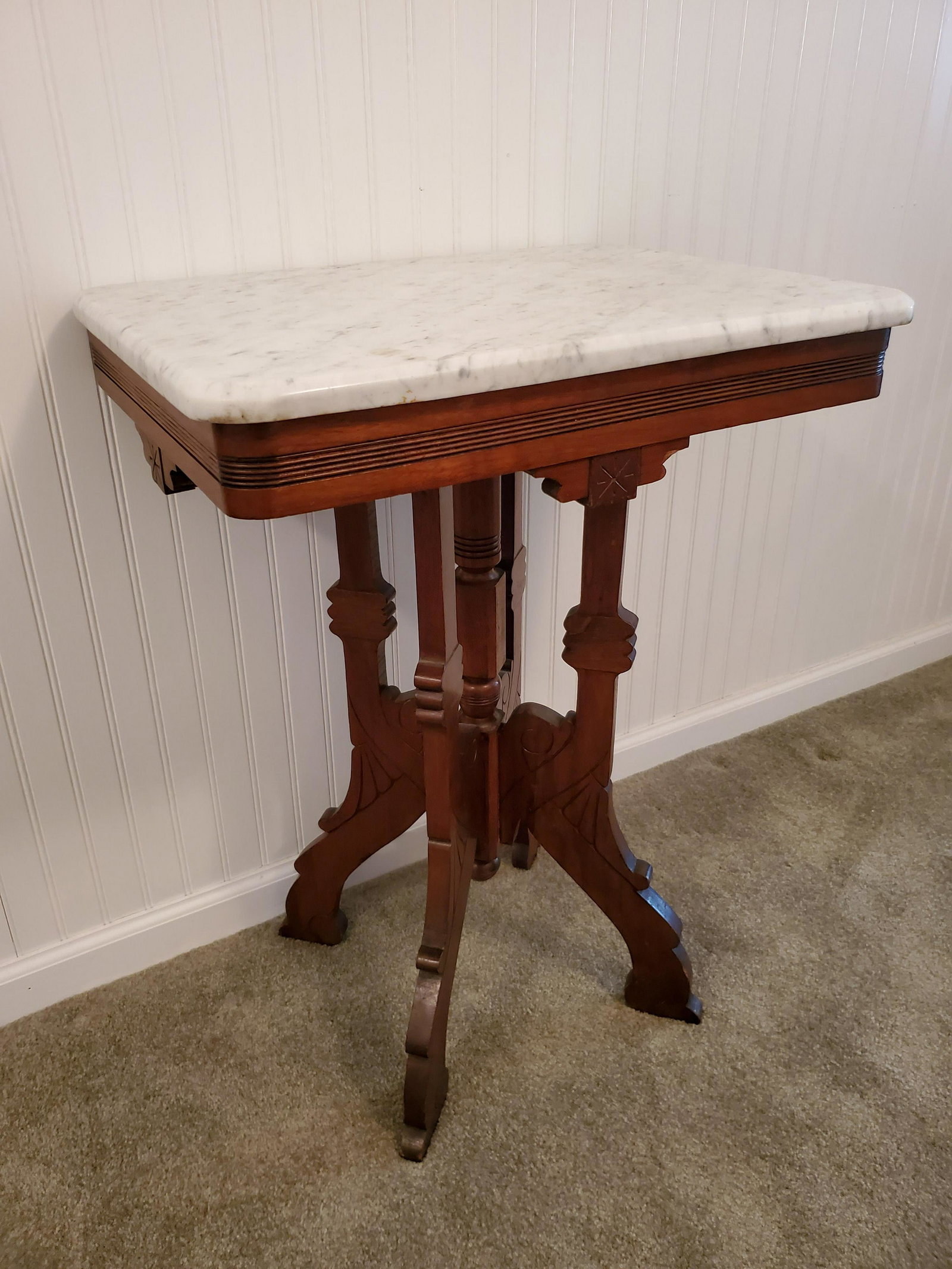 Marble Top Side Table: 23" wide X 17" deep X 28 1/2" high. IMPORTANT: Before bidding, please read the terms and conditions below. When you registered for the auction you agreed to these terms and will be required to comply 