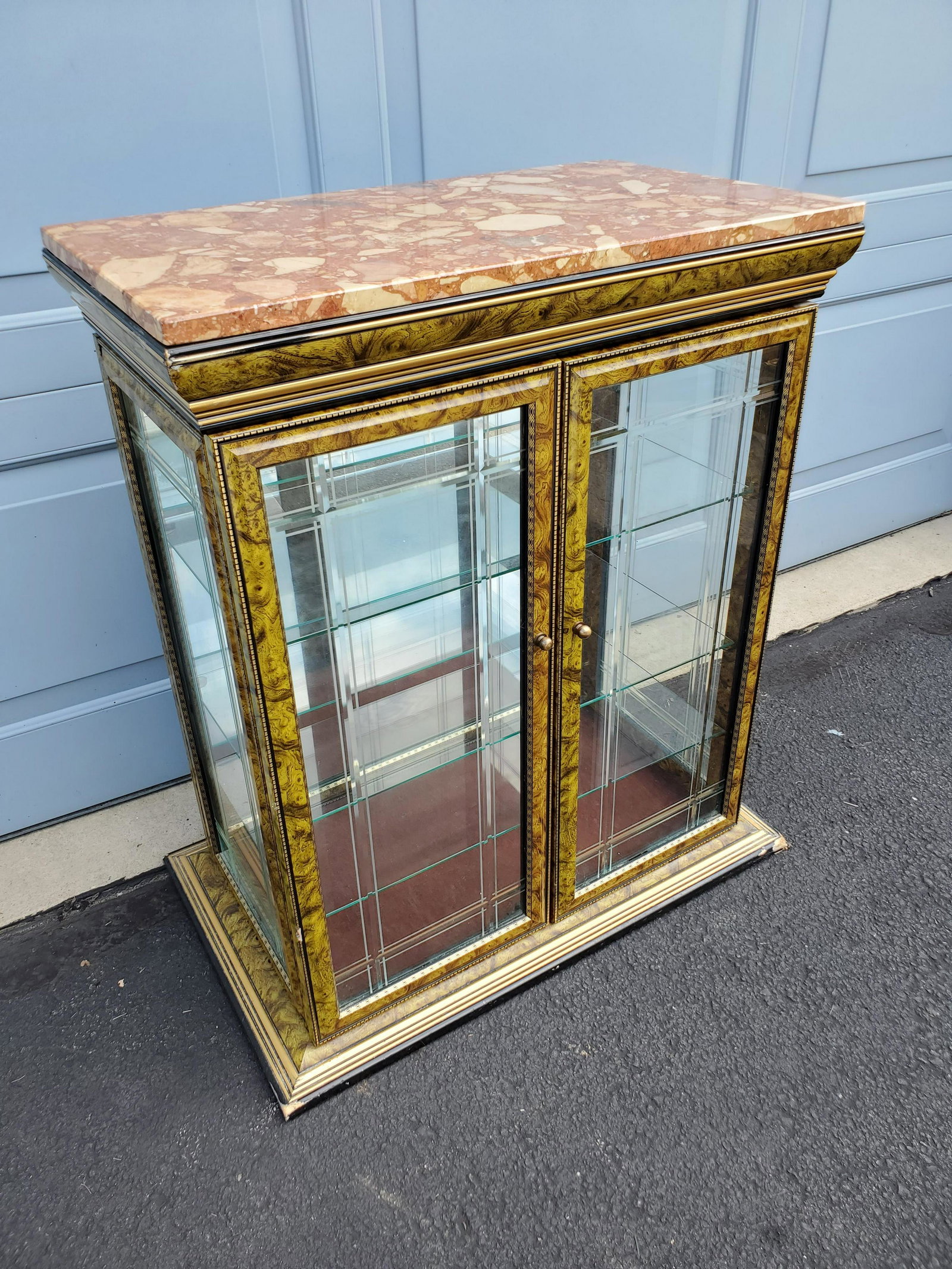 Marble Top Low Curio: 25" wide X 14 1/2" deep X 31" high. IMPORTANT: Before bidding, please read the terms and conditions below. When you registered for the auction you agreed to these terms and will be required to comply 
