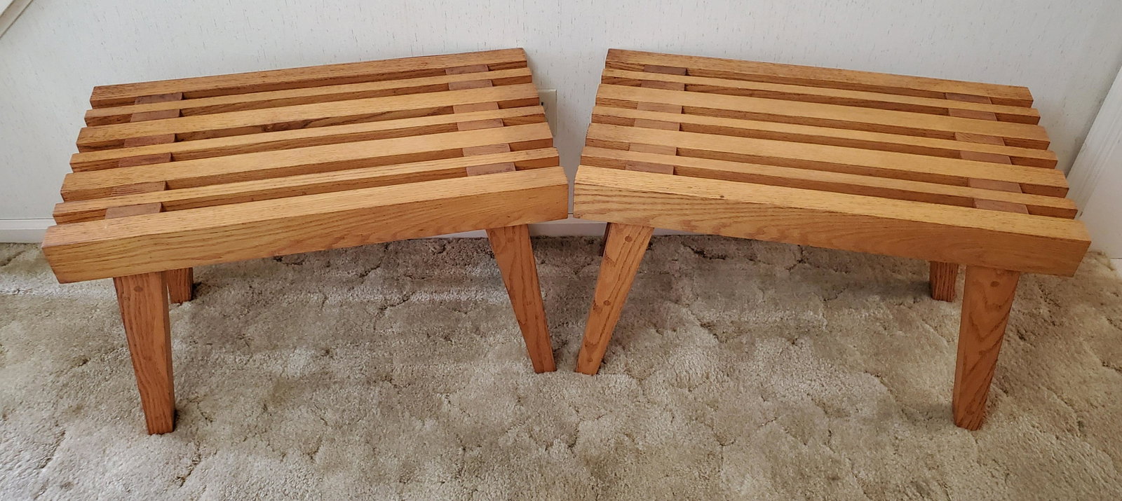Pair of Oak Benches: 30" wide X 16 1/2" deep X 19" high. IMPORTANT: Before bidding, please read the terms and conditions below. When you registered for the auction you agreed to these terms and will be required to comply 