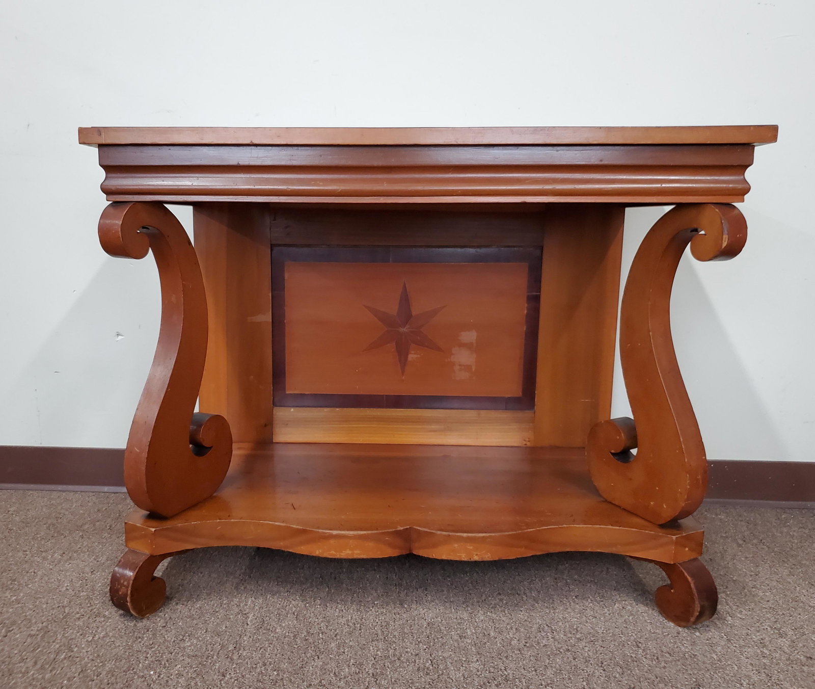19th C Inlaid Star Pier Table: 36 3/4" wide X 19 3/4" deep X 28 3/4" high. IMPORTANT: Before bidding, please read the terms and conditions below. When you registered for the auction you agreed to these terms and will be required to