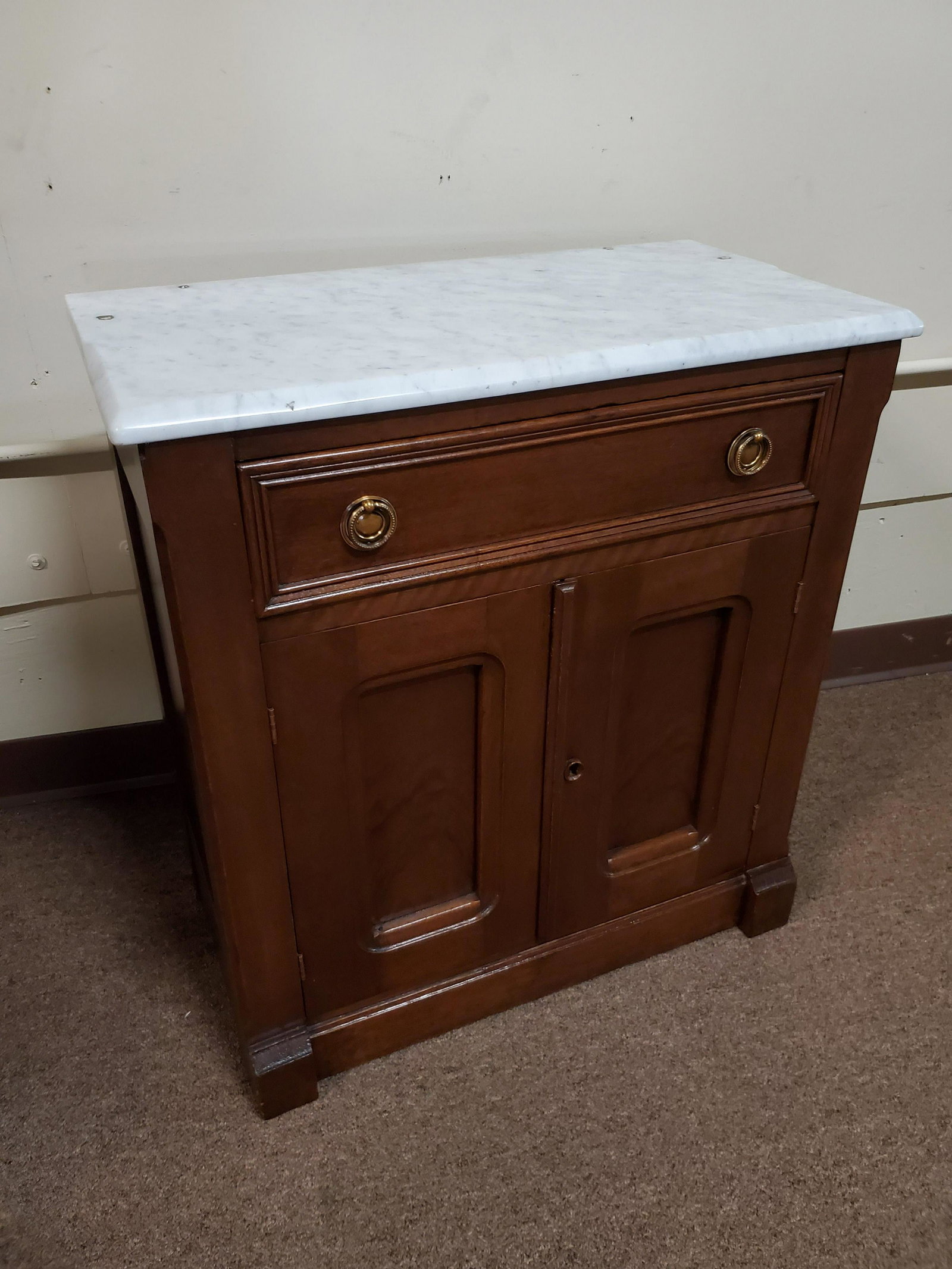 Marble Top Wash Stand: 25 1/4" wide 13 1/2" deep X 27 1/2" high. IMPORTANT: Before bidding, please read the terms and conditions below. When you registered for the auction you agreed to these terms and will be required to c