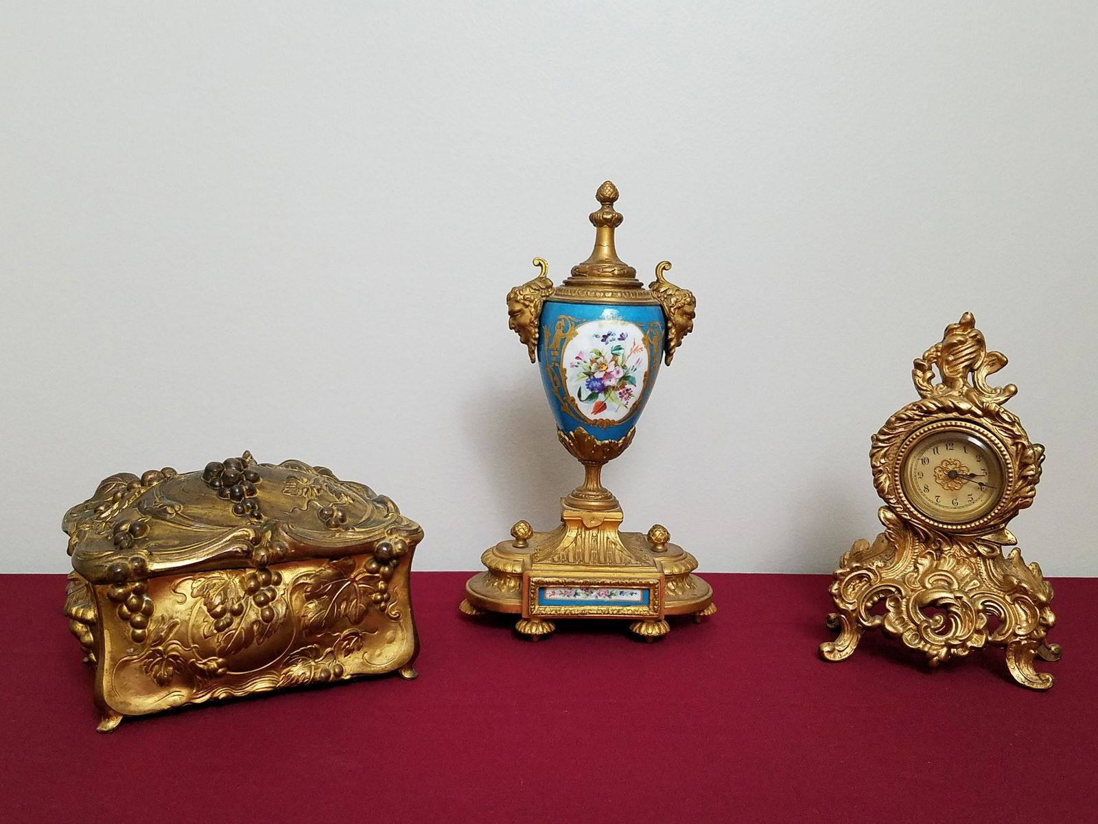 3 Pcs incl Gilt Dresser Box, Enameled Urn & Clock (1 of 8)