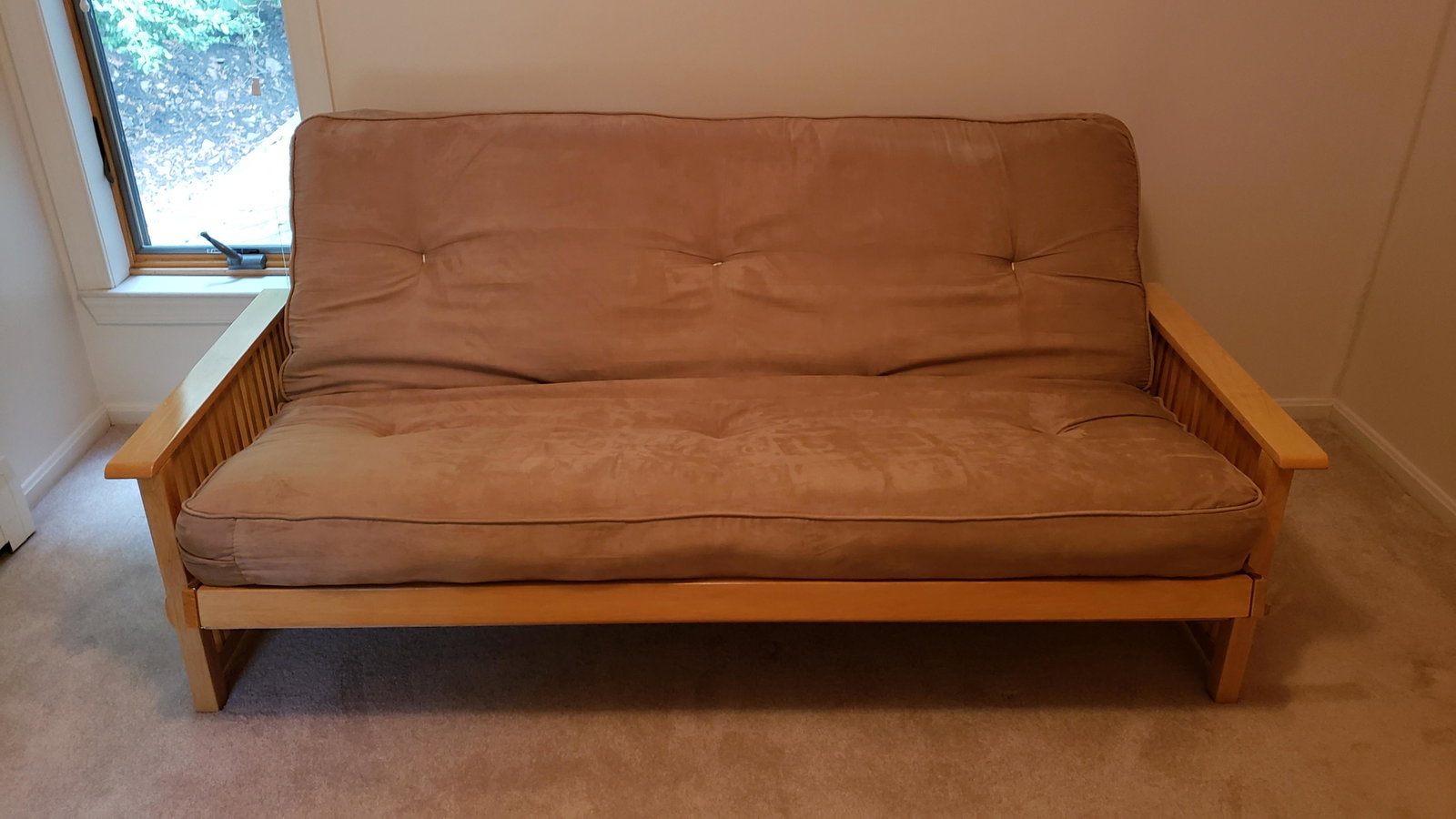 Wood Futon with Mattress: Excellent condition. 72" wide x 32" deep x 38" high. 54" wide when open. IMPORTANT: Before bidding, please read the terms and conditions below. When you registered for the auction you agreed to these 