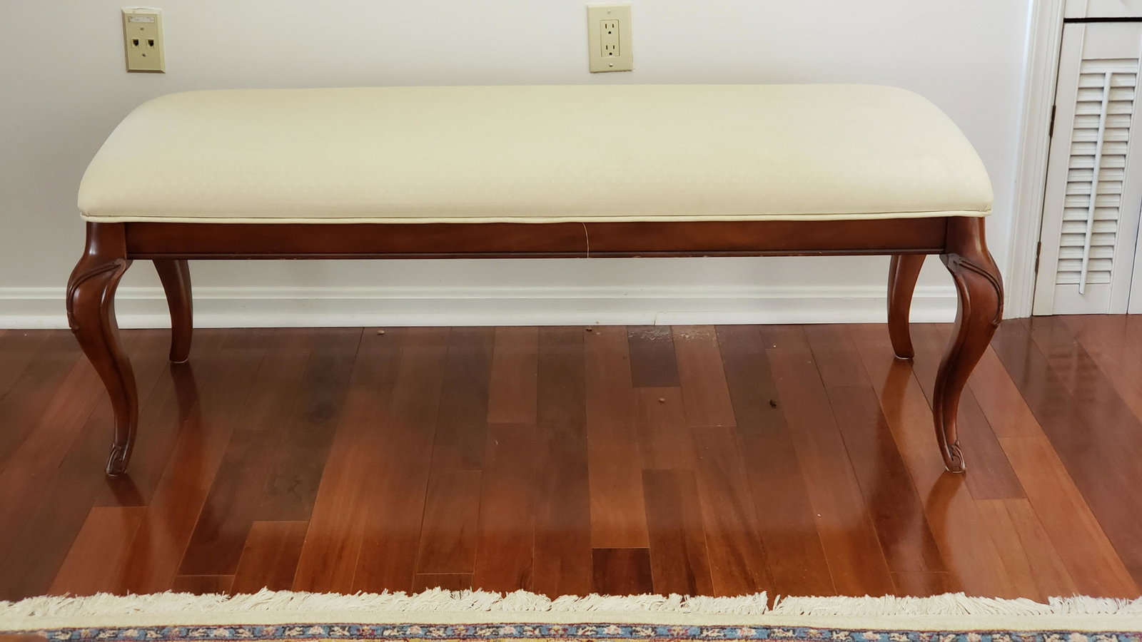 Upholstered Bench: 51" wide x 19 "deep x 19" high. IMPORTANT: Before bidding, please read the terms and conditions below. When you registered for the auction you agreed to these terms and will be required to comply with