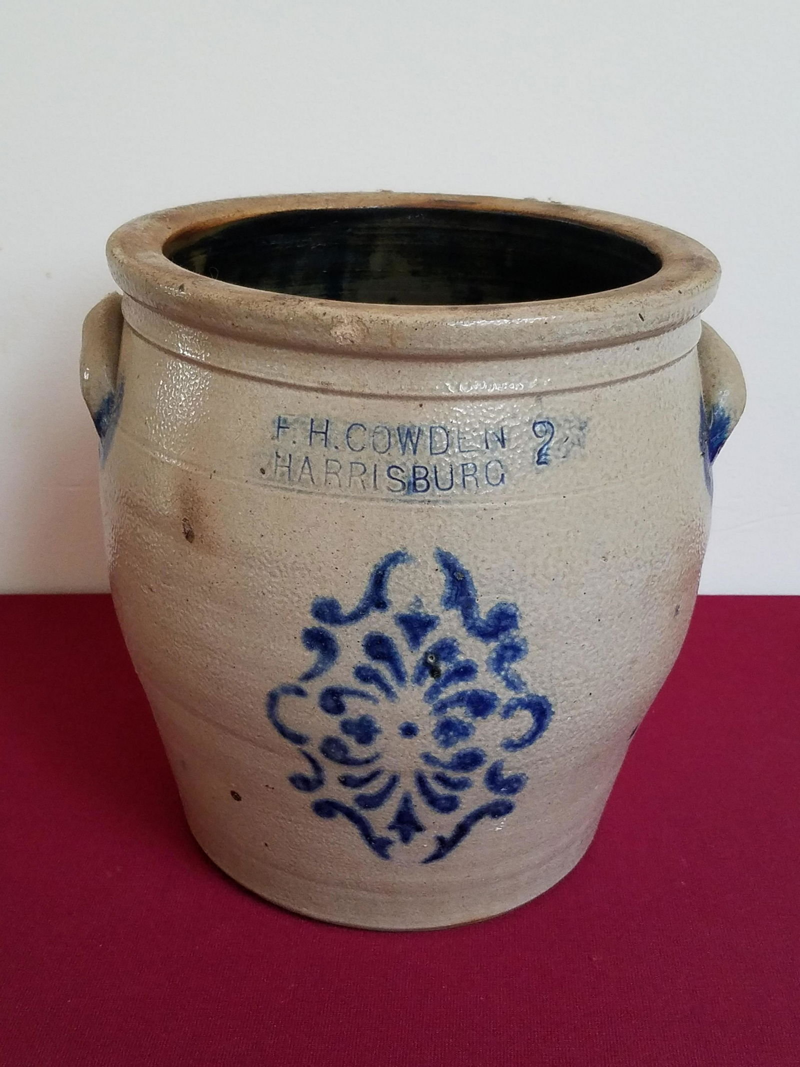 2 Gal F. H. Cowden Cobalt Decorated Crock (1 of 2)