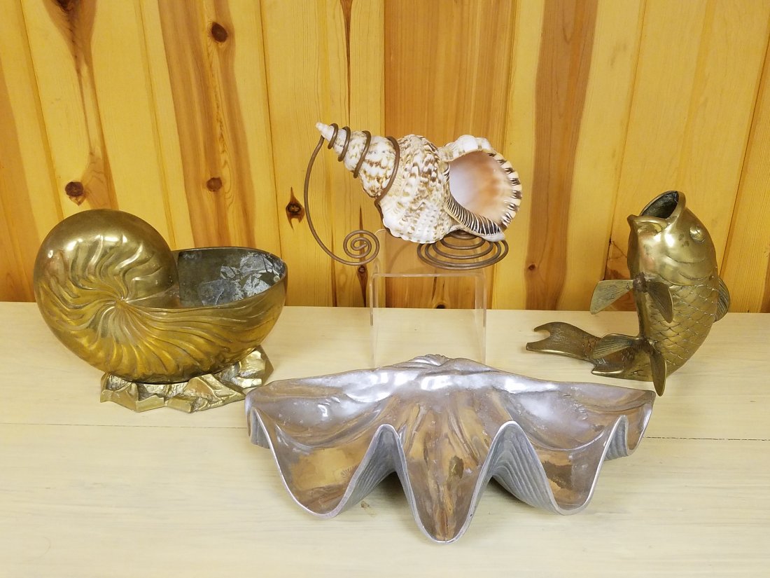 Brass Koi Fish & Shell Planter w/ Shell Sculpture (1 of 3)