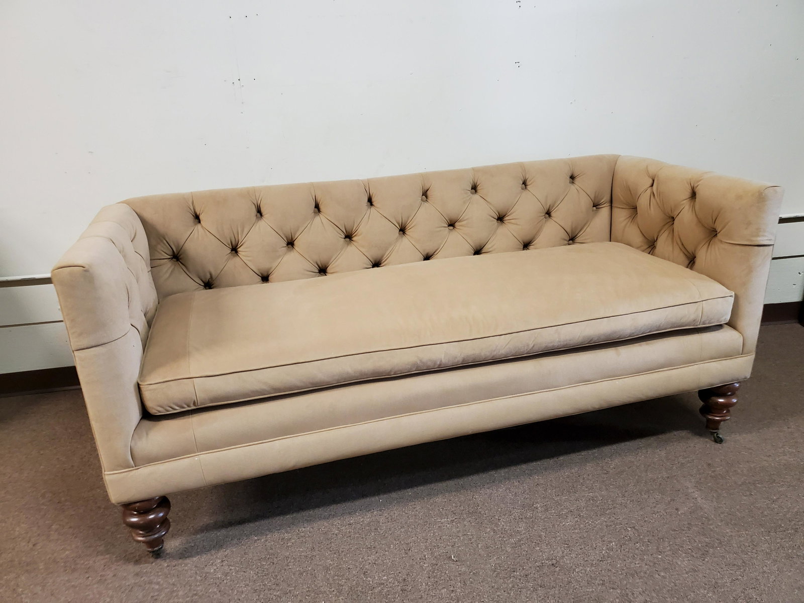 Victorian Tufted Sofa: 73" wide X 28 1/4" deep X 32 1/4" high. IMPORTANT: Before bidding, please read the terms and conditions below. When you registered for the auction you agreed to these terms and will be required to com