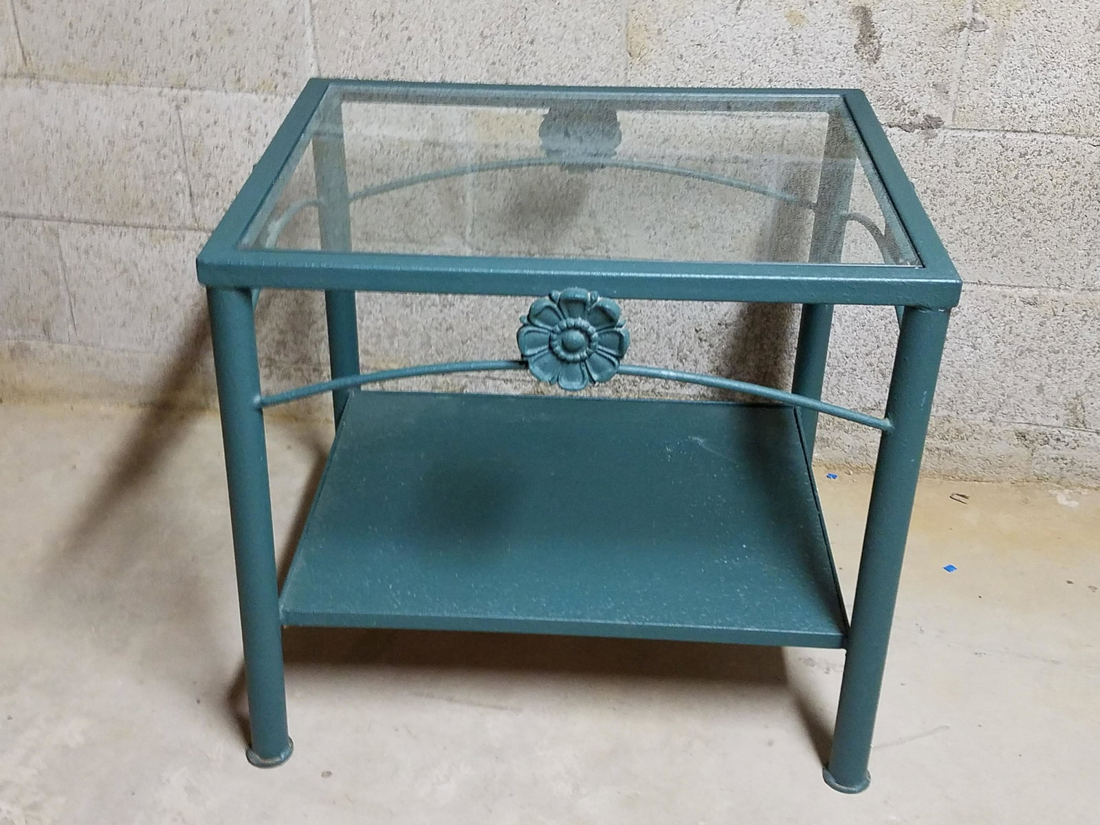 Glass Top Side Table: 25-1/2" wide x 21-1/2" deep x 23" high. Glass with scratch. IMPORTANT: Before bidding, please read the terms and conditions below. When you registered for the auction you agreed to these terms and wil