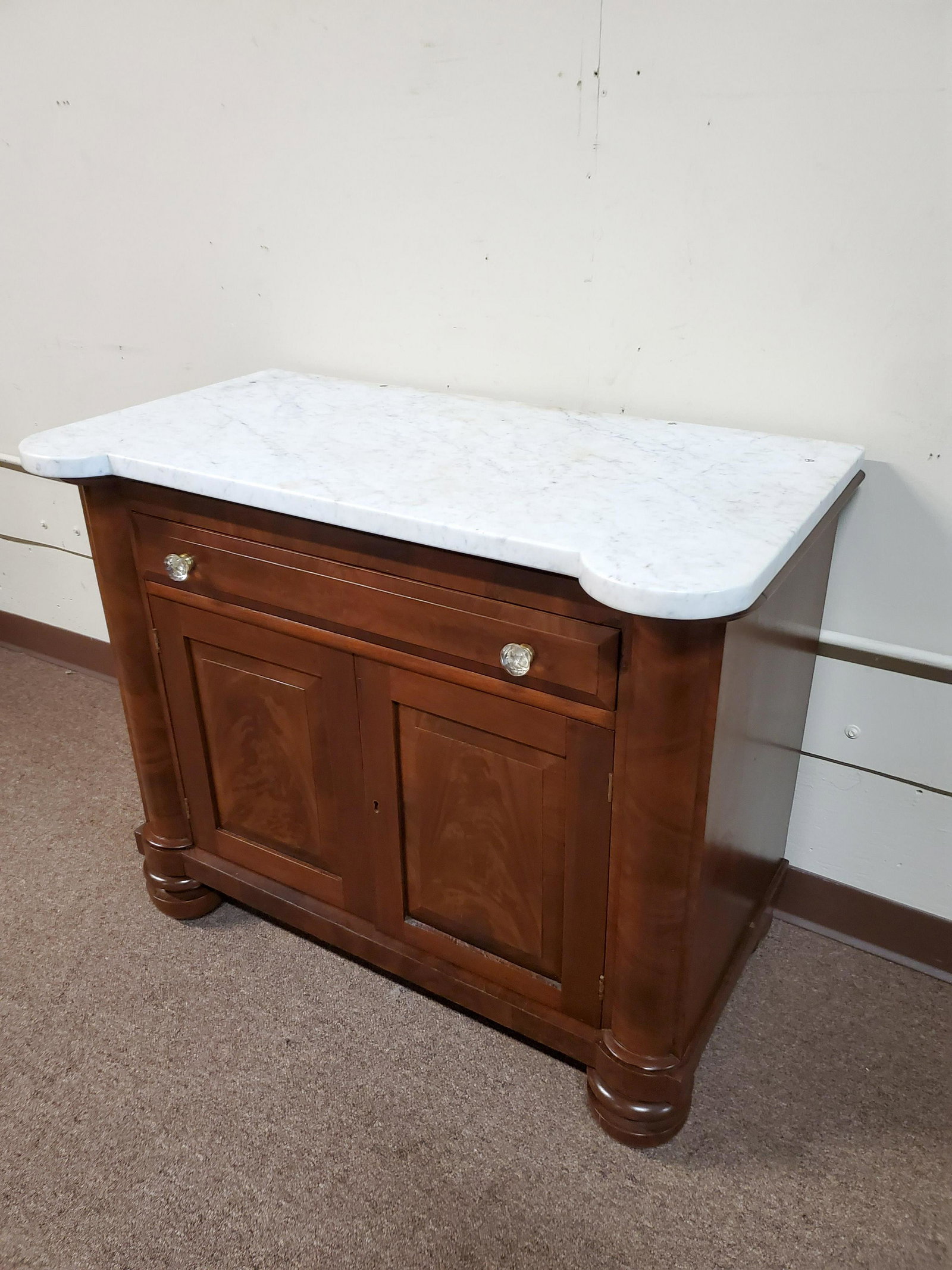 Marble Top Wash Stand: 36 1/4" wide X 19 3/4" deep X 30 1/4" high. IMPORTANT: Before bidding, please read the terms and conditions below. When you registered for the auction you agreed to these terms and will be required to