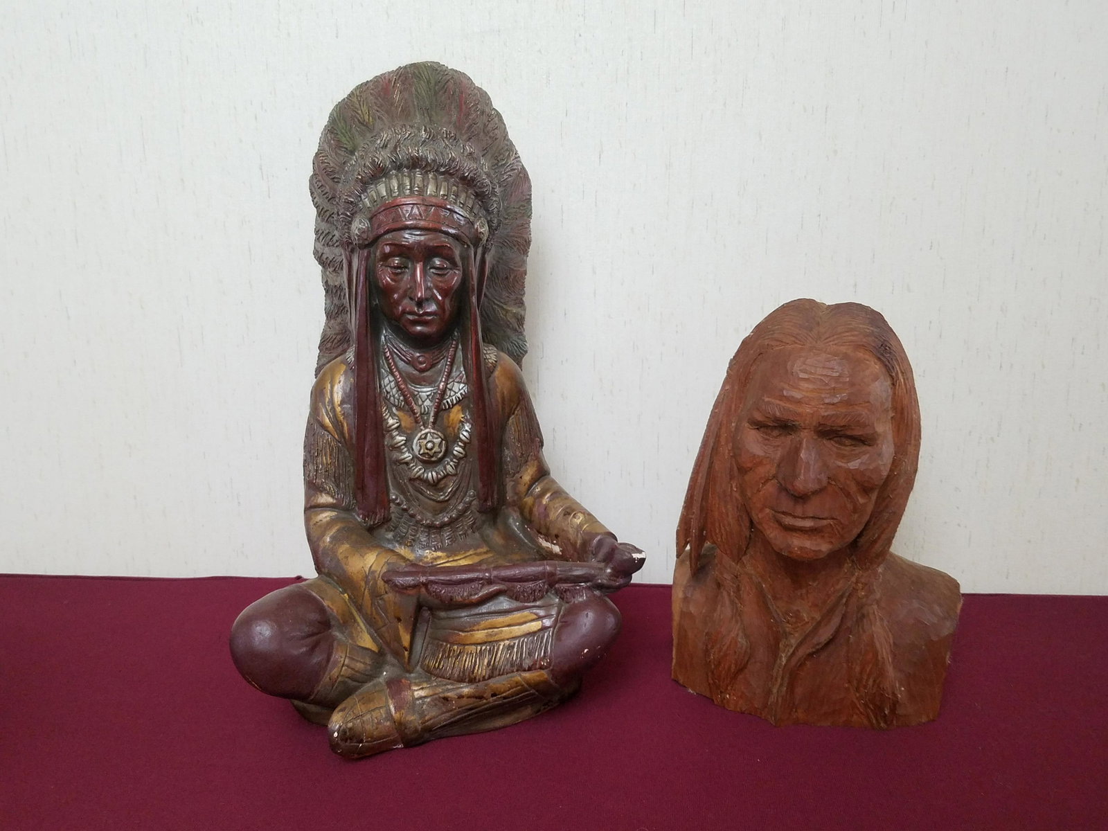 Chalk and Wood Carved Indian Sculptures: 11" to 17-1/2" high. Wood carved signed "John Shadel". Minor losses to chalk chief. IMPORTANT: Before bidding, please read the terms and conditions below. When you registered for the auction you agree