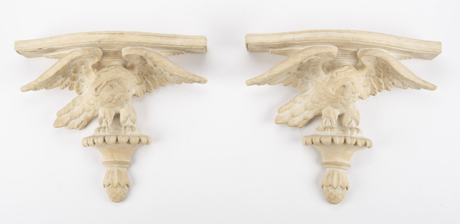 Pair of Plaster Eagle Wall Shelves/Brackets: 14" wide x 5-5/8" deep x 11-1/2" high. IMPORTANT: Before bidding, please read the terms and conditions below. When you registered for the auction you agreed to these terms and will be required to comp
