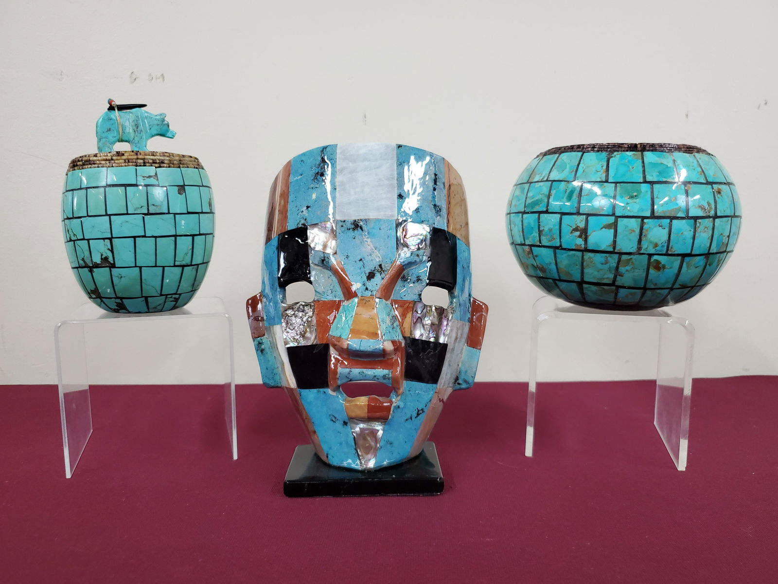 Hardstone Mask & 2 Turquoise Inlay Vessels (1 of 4)