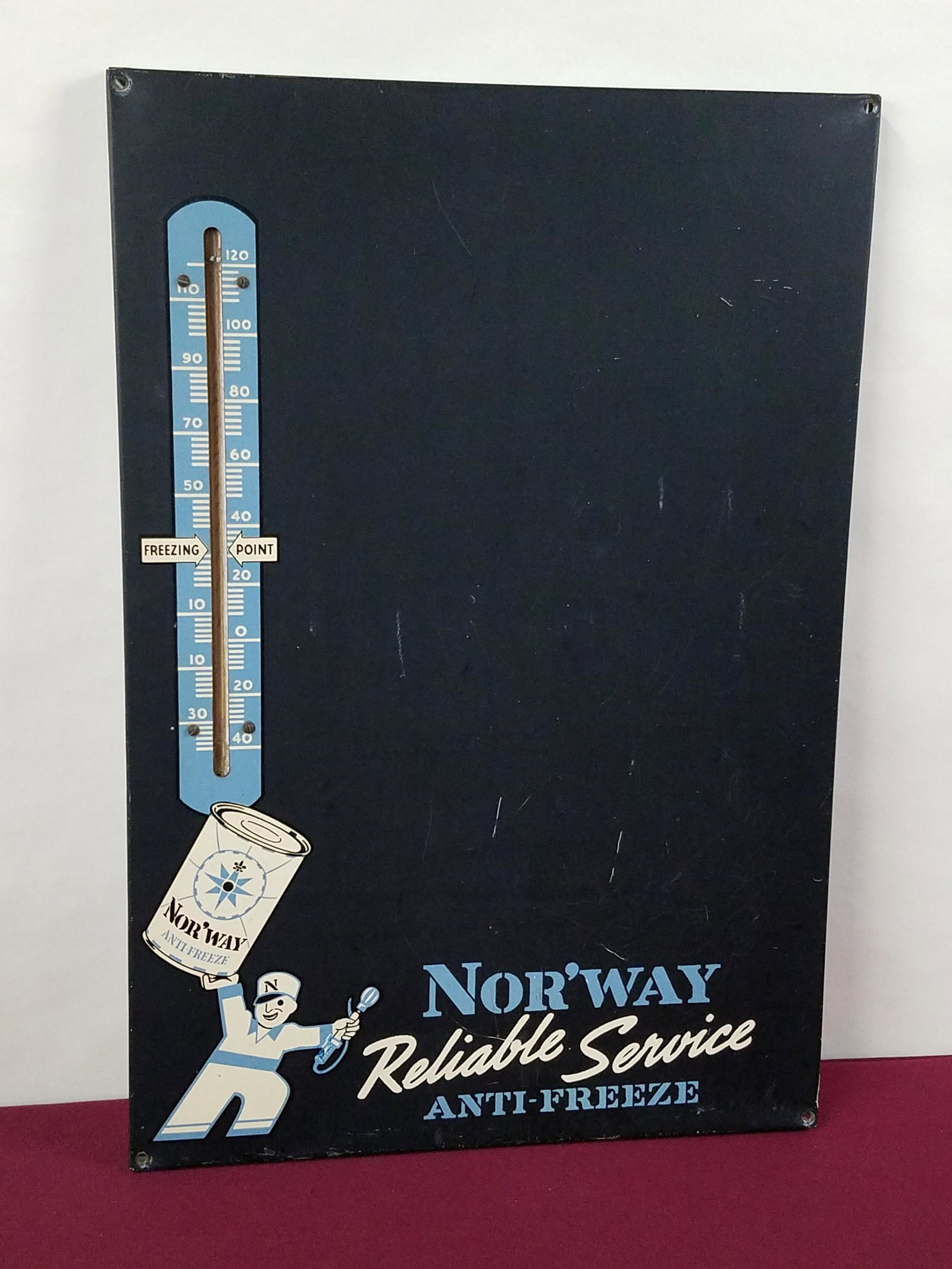 Metal Nor'way Reliable Service Anti-Freeze Advertising: Glass thermometer not present. 22" high x 15" wide. Some scratches and discoloration to finish. IMPORTANT: Before bidding, please read the terms and conditions below. When you registered for the aucti