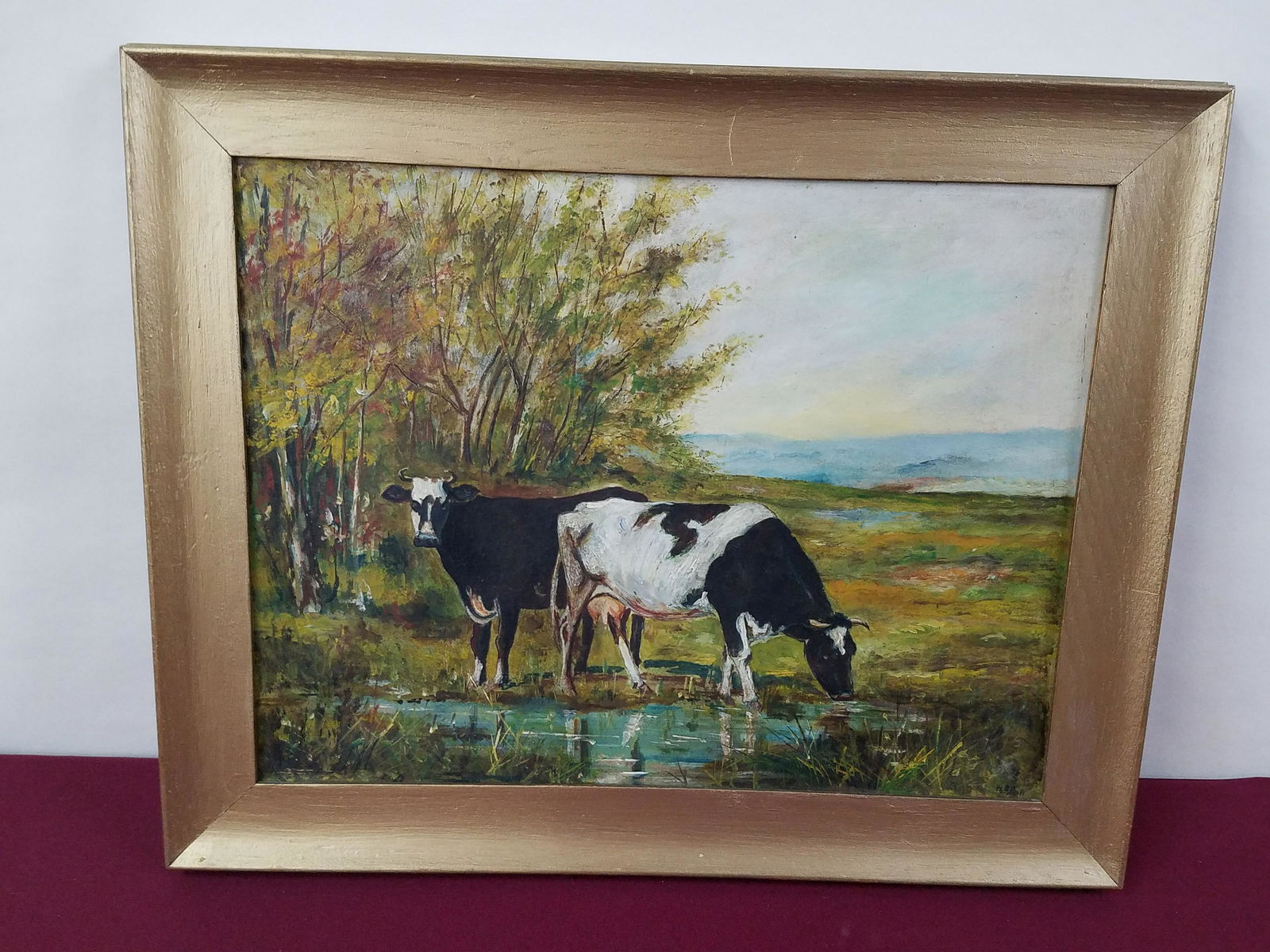 W R Poli Cow Painting: Overall with frame 16-1/2" high x 20-1/2" wide. Repair to canvas. IMPORTANT: Before bidding, please read the terms and conditions below. When you registered for the auction you agreed to these terms a